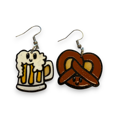 Wooden beer and pretzel earrings - hand painted
