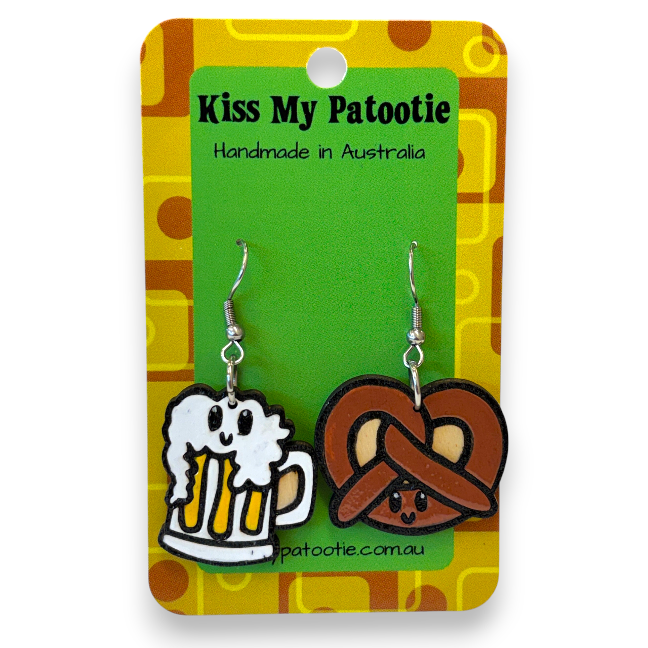 Wooden beer and pretzel earrings - hand painted