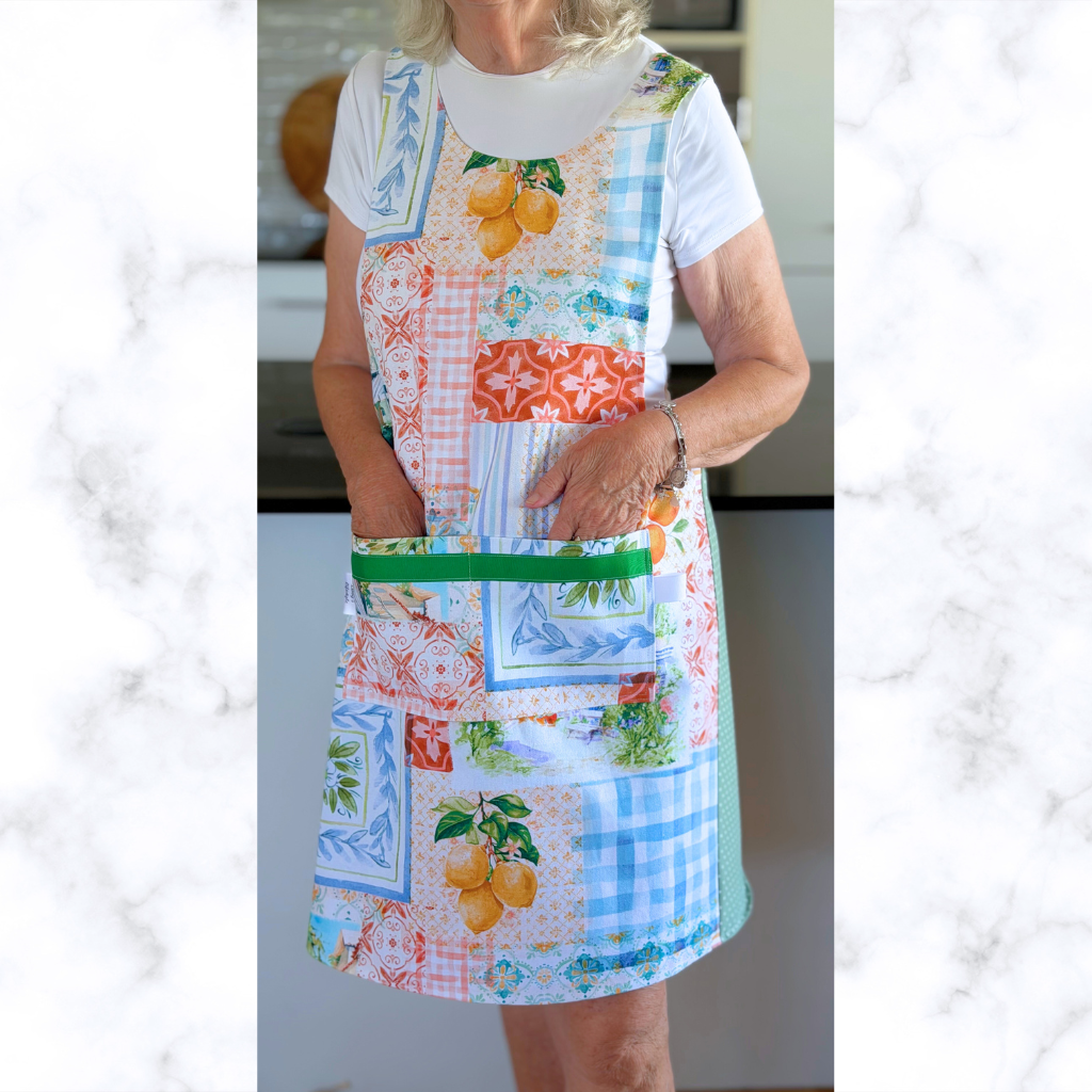 Amalfi coast Japanese style cross back kitchen apron. Crafting, gardening, no ties apron.