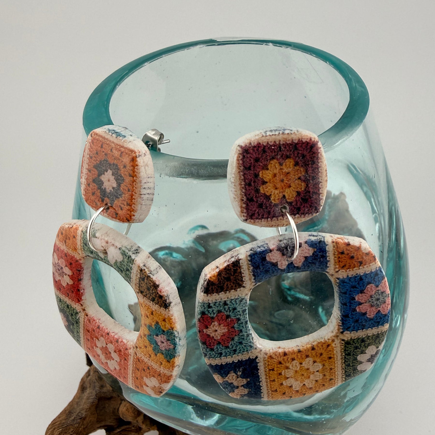 Handmade Crochet Square Polymer Clay Statement Earrings
