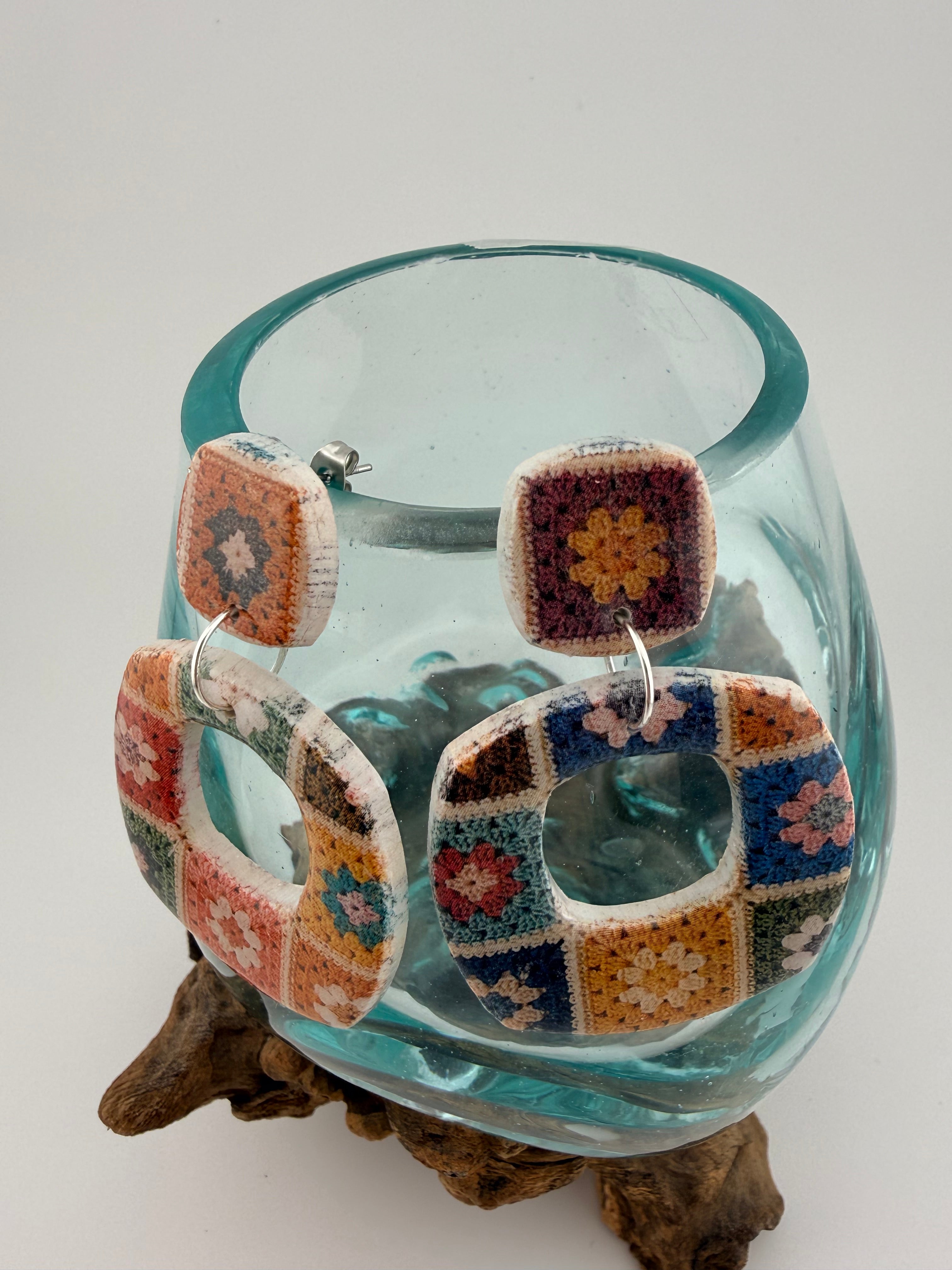 Handmade Crochet Square Polymer Clay Statement Earrings