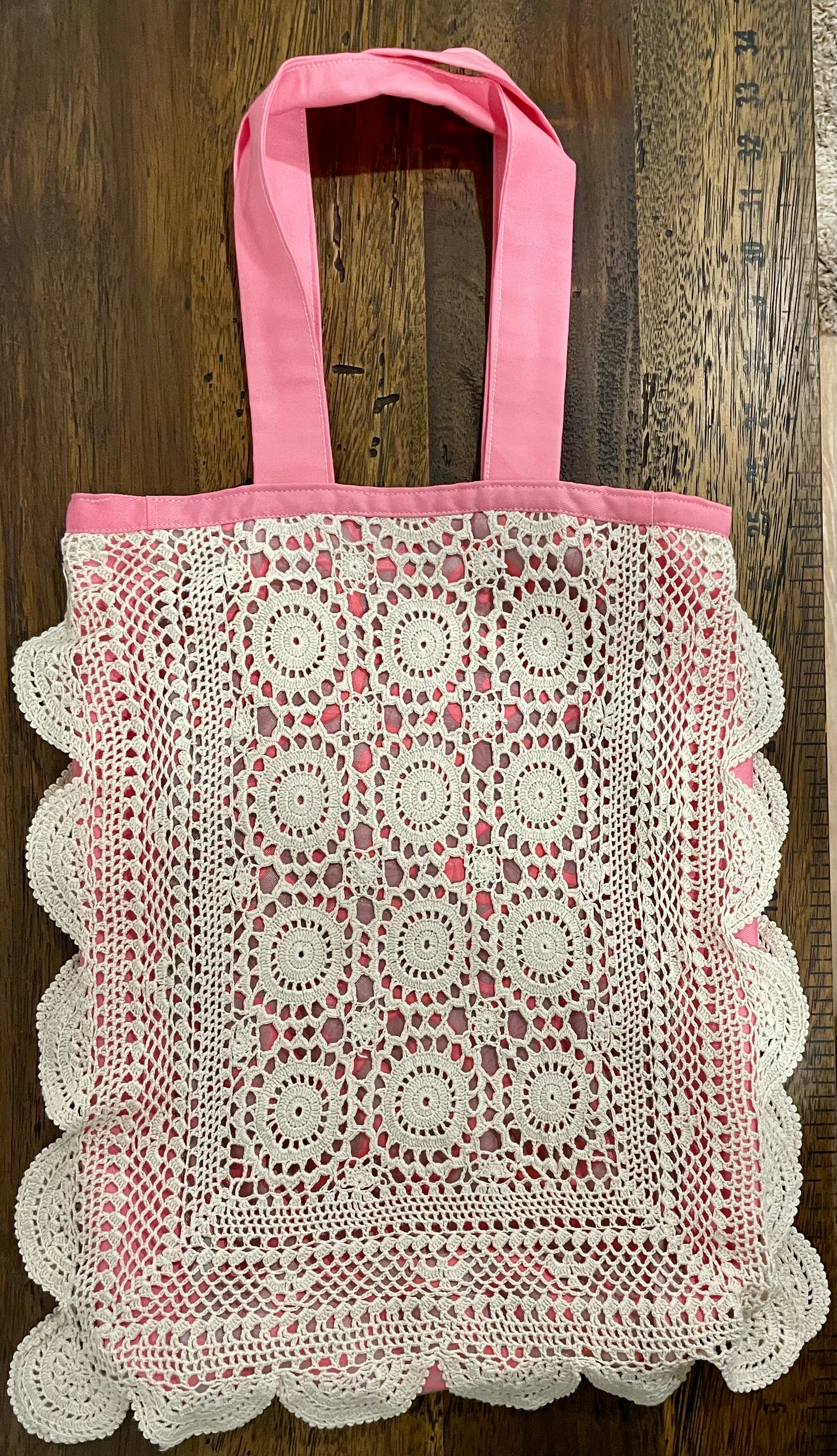 Crochet Doily Tote | Upcycled Silk Scarf & Pink Cotton Shoulder Bag