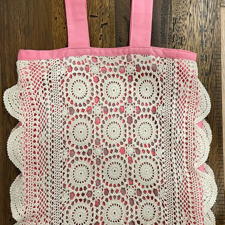 Crochet Doily Tote | Upcycled Silk Scarf & Pink Cotton Shoulder Bag