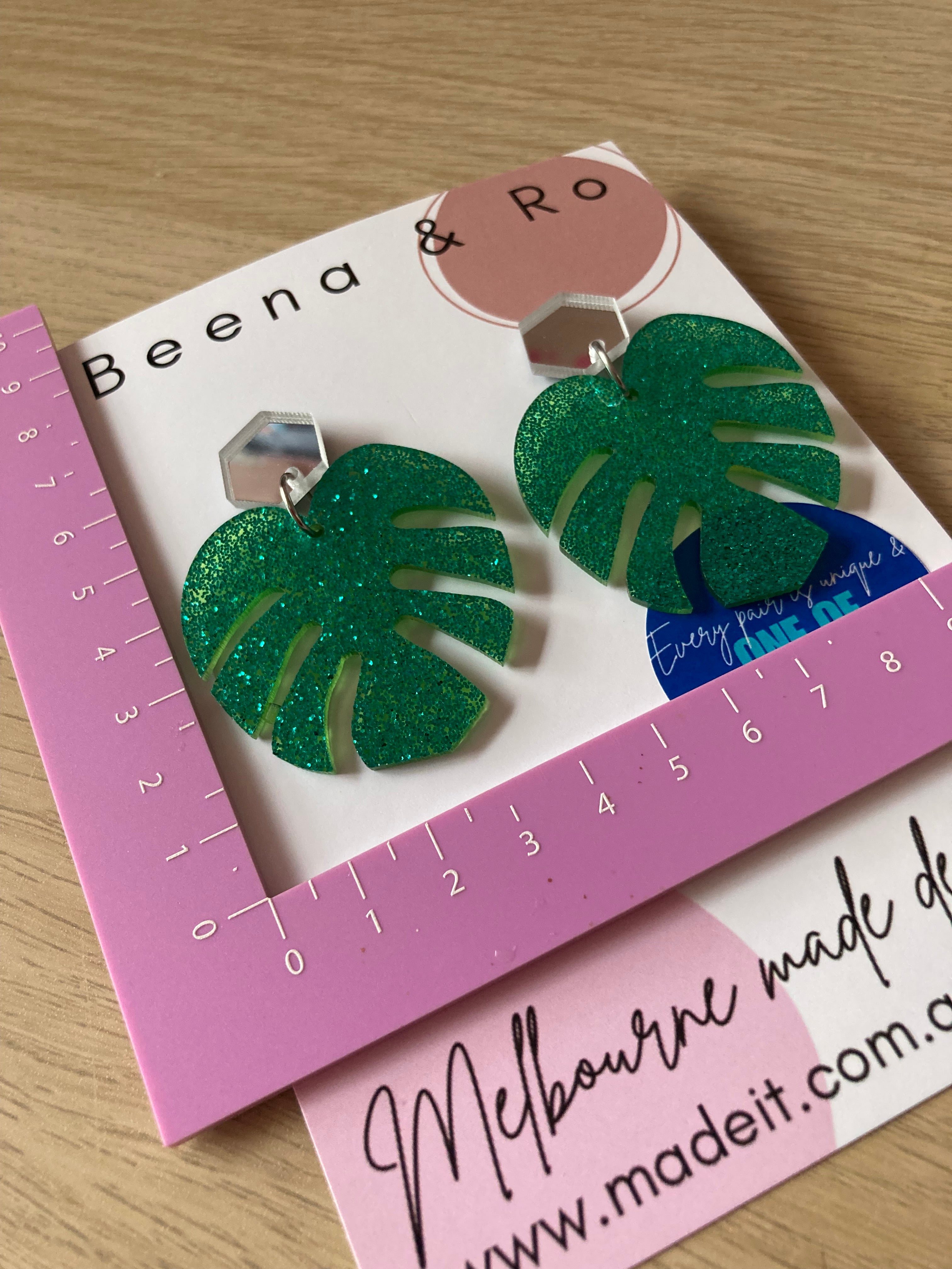 Sparkling monstera leaf earrings