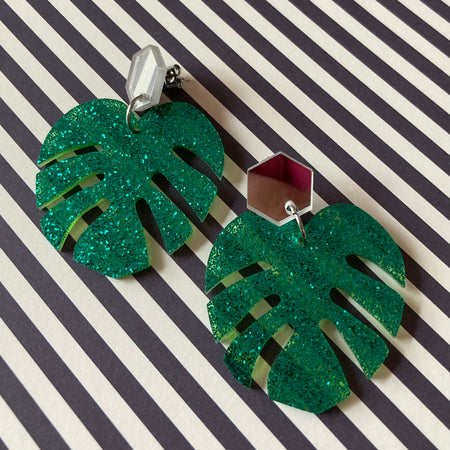 Sparkling monstera leaf earrings