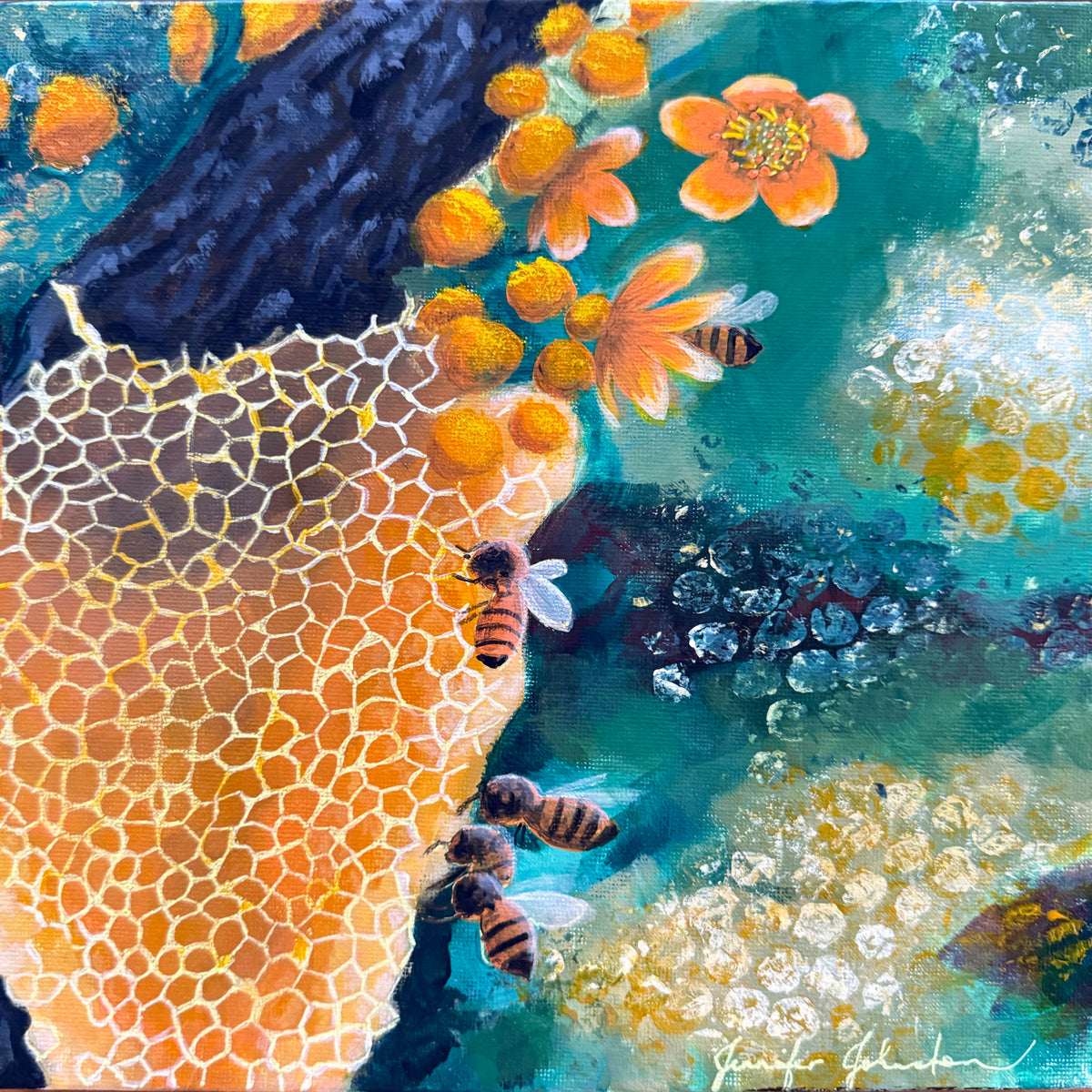 Honey Bees Original Artwork [H25cm x W25cm x D3.5cm]