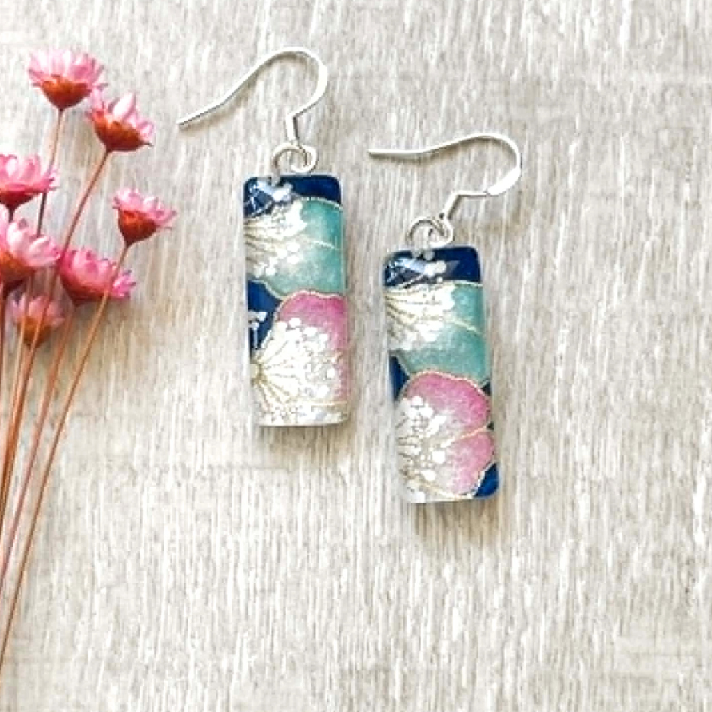 Soft Pink and Blue Flower Earrings • Handmade with Japanese Paper and Glass