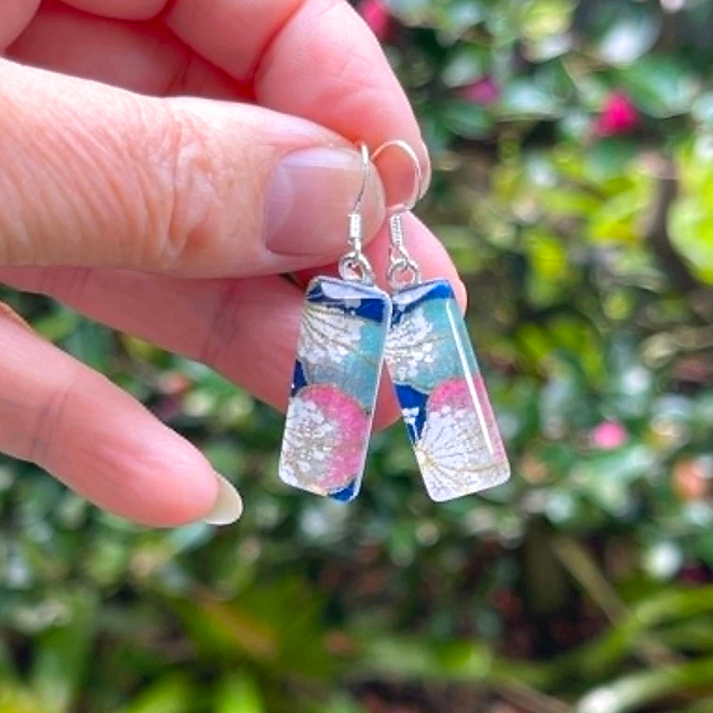 Soft Pink and Blue Flower Earrings • Handmade with Japanese Paper and Glass