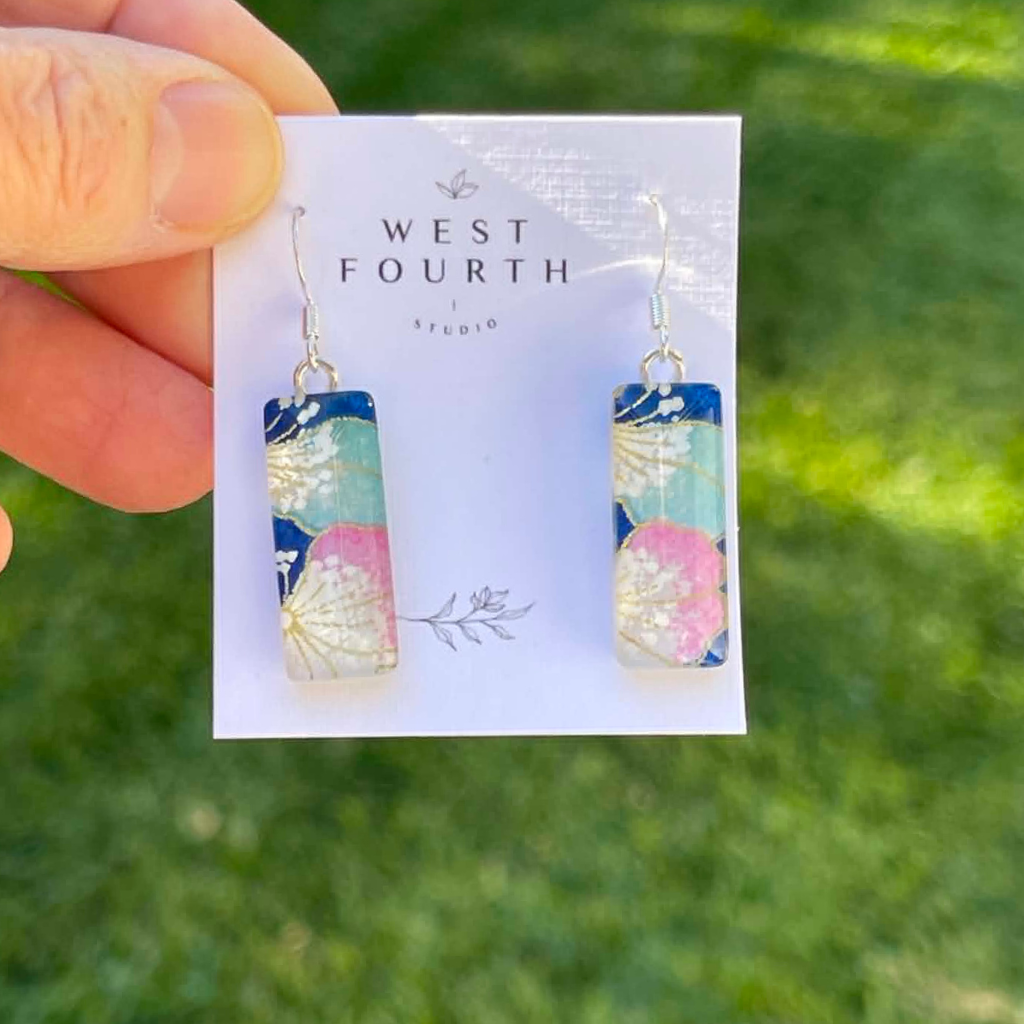 Soft Pink and Blue Flower Earrings • Handmade with Japanese Paper and Glass