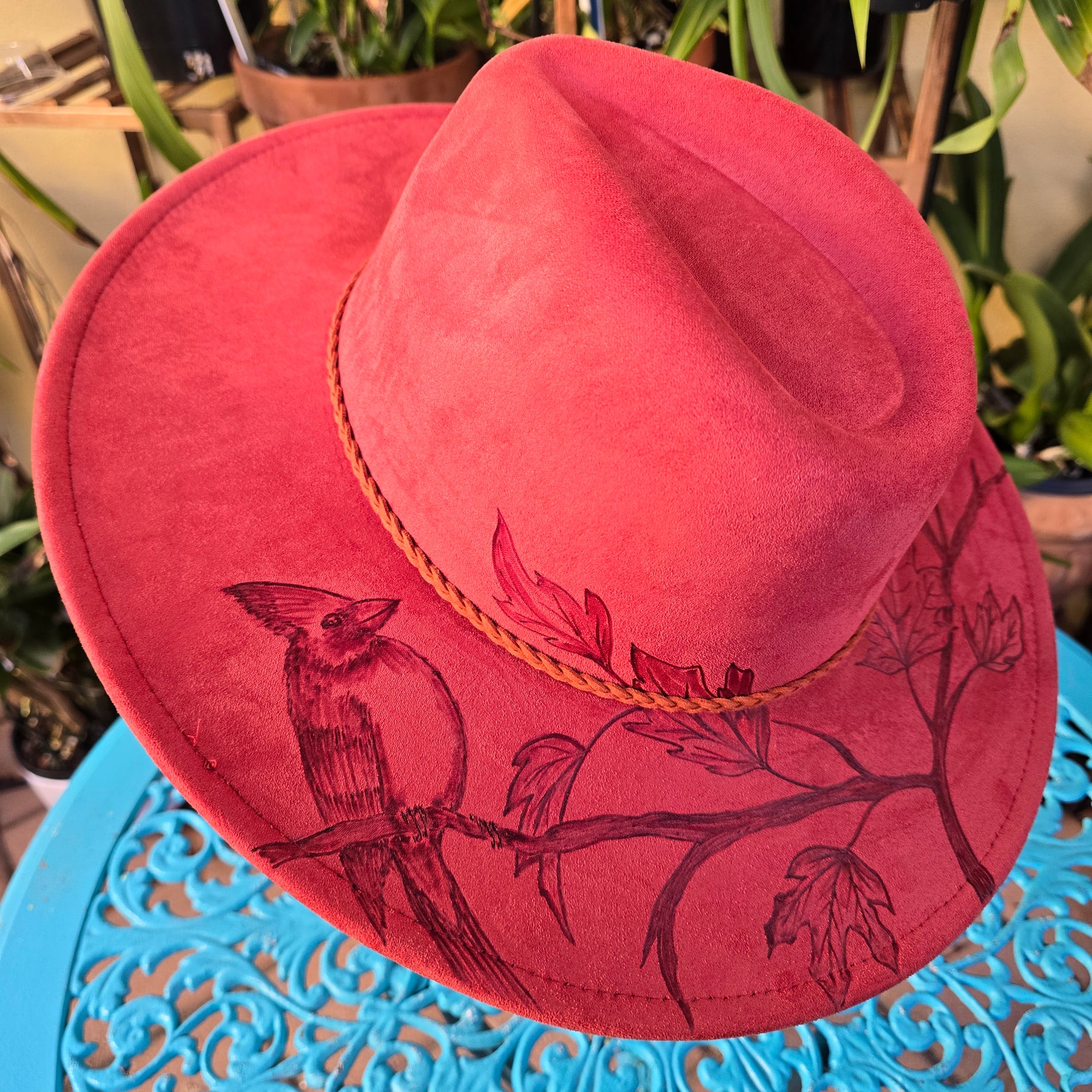 Hand burnt fedora hat - Northern Candinal