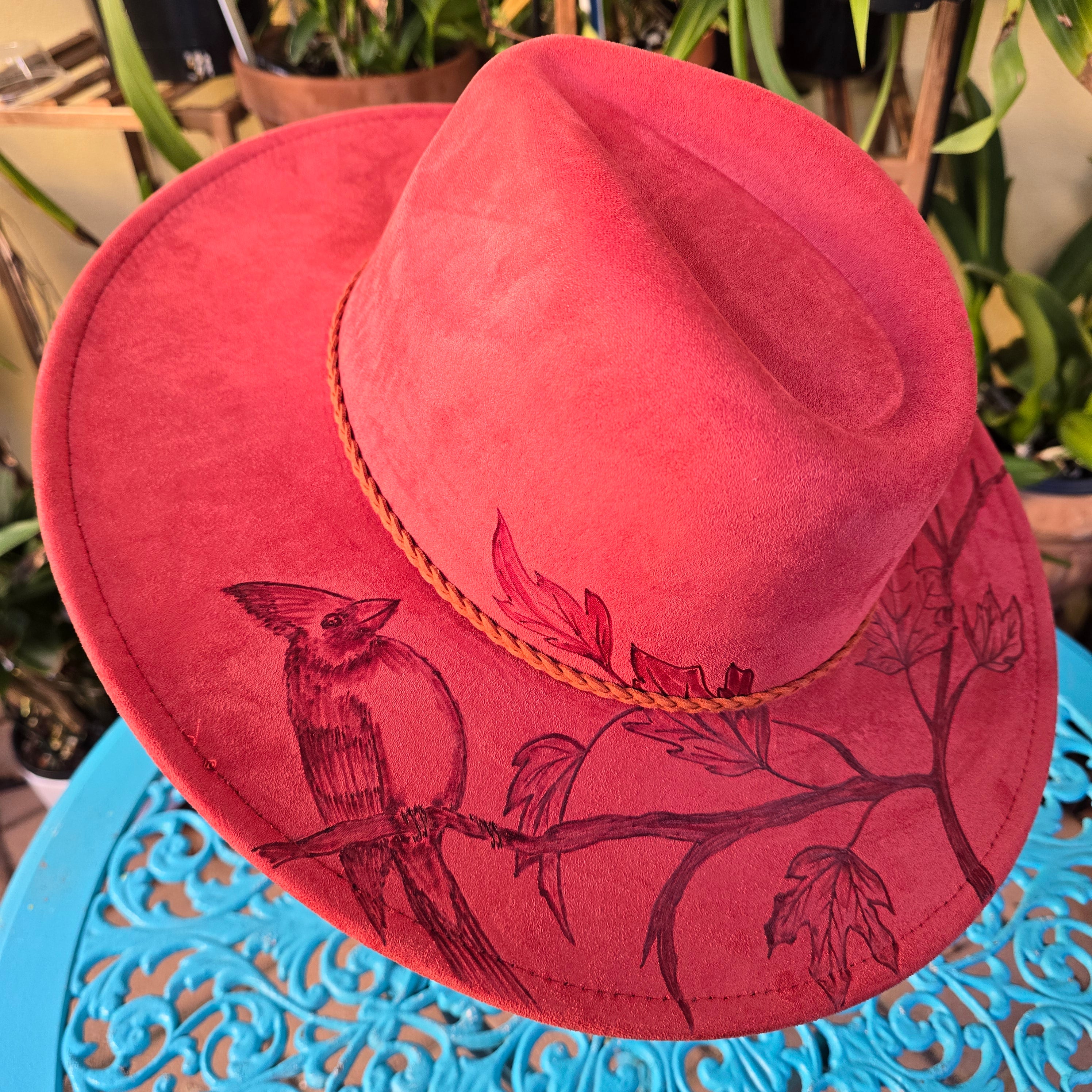 Hand burnt fedora hat - Northern Candinal
