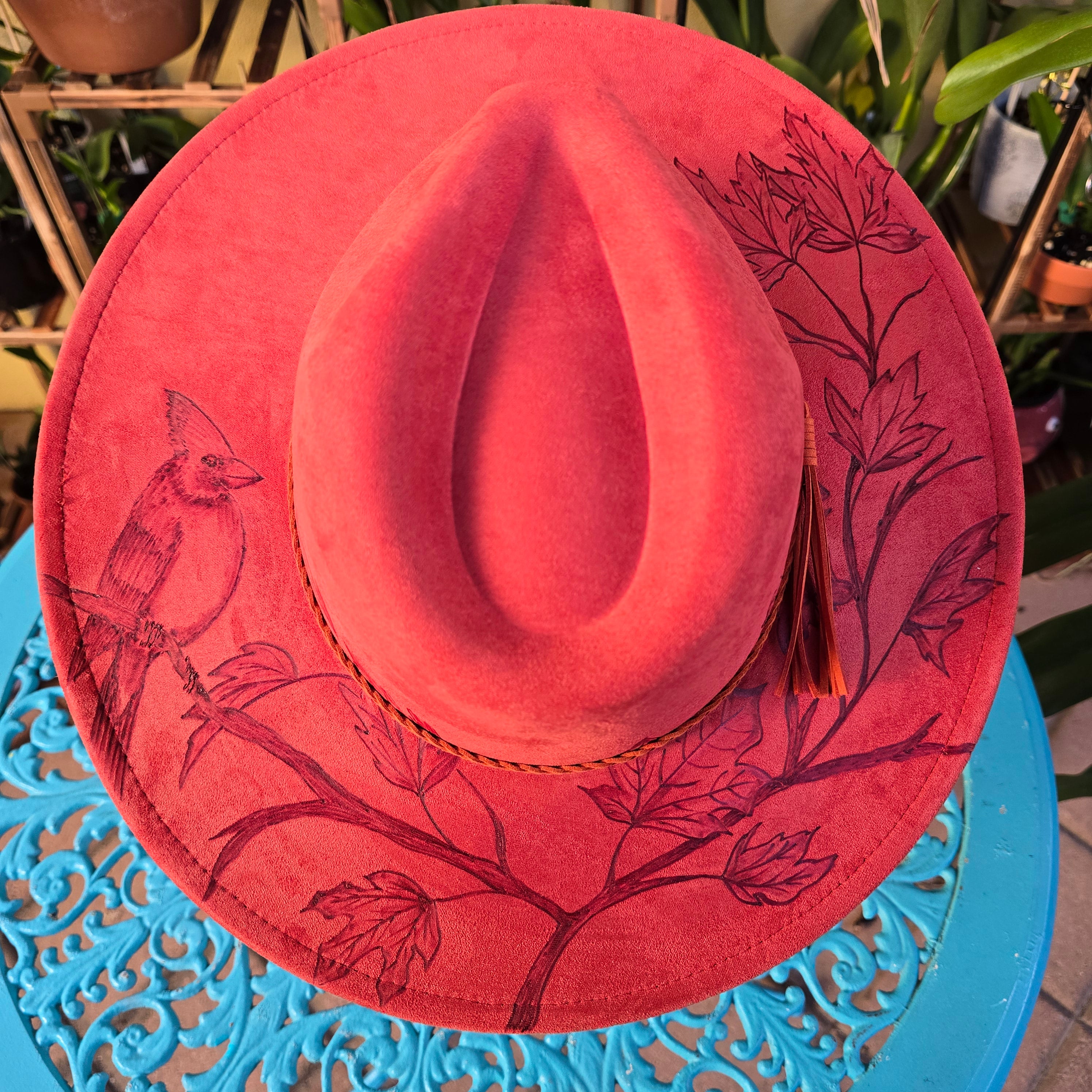 Hand burnt fedora hat - Northern Candinal