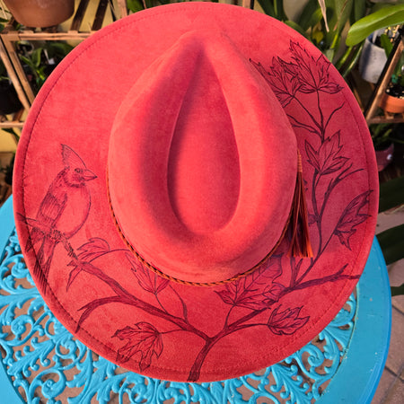 Hand burnt fedora hat - Northern Candinal