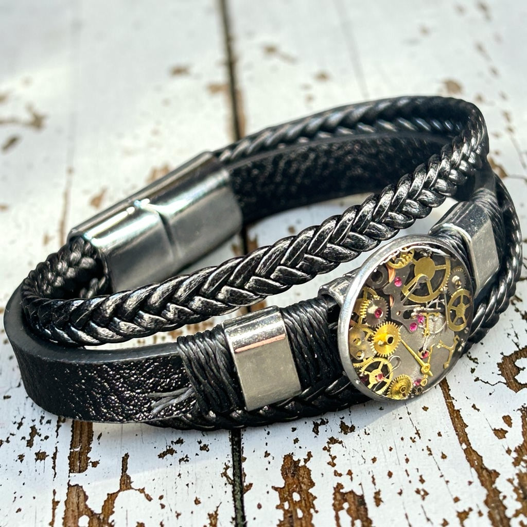 Steampunk watch parts Mens cuff bracelet