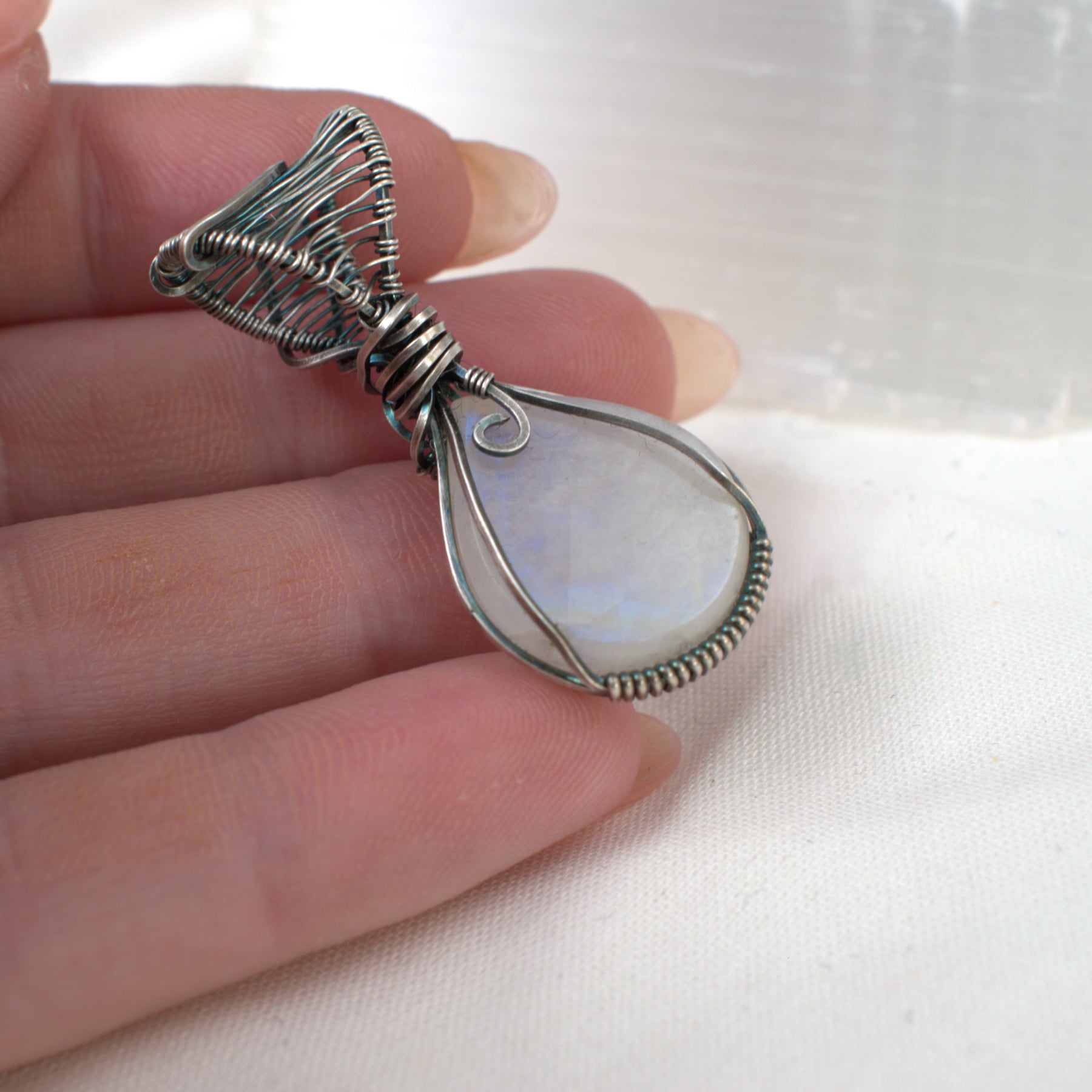 Moon Shadow – Rainbow Moonstone Pendant in Antiqued Silver