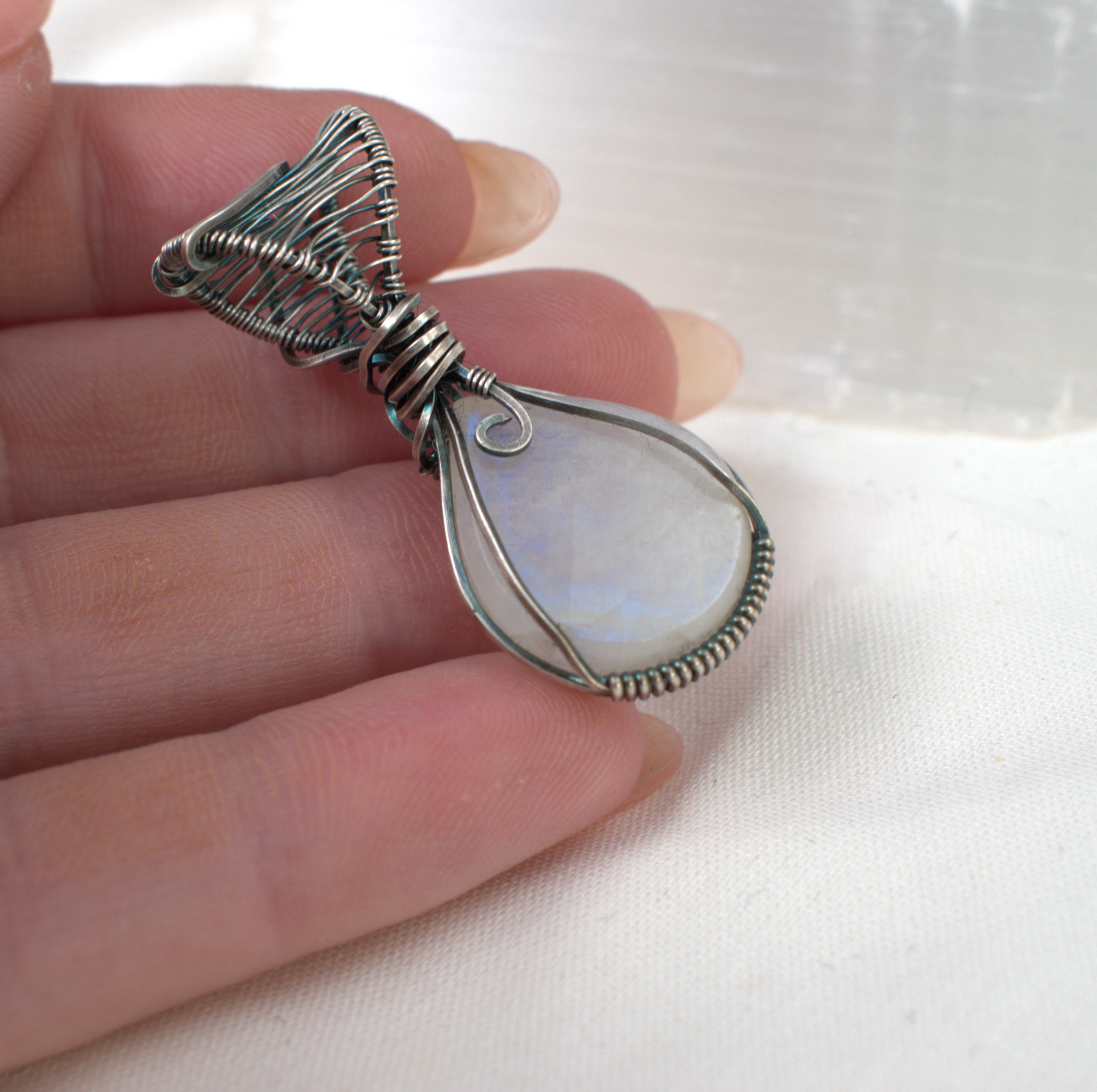 Moon Shadow – Rainbow Moonstone Pendant in Antiqued Silver