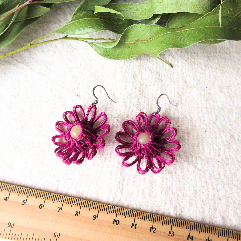 Meadow Bloom | Magenta Handmade Flower Earrings with Choice of Gemstone | Woven Bloom Tales Collection