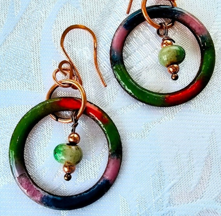 Multi Coloured Enamelled Hoops Featuring A Little Ceramic Bead FREE POST
