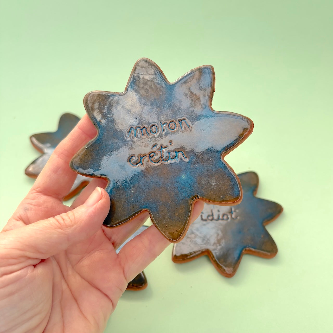 Ceramic coasters with words English/French