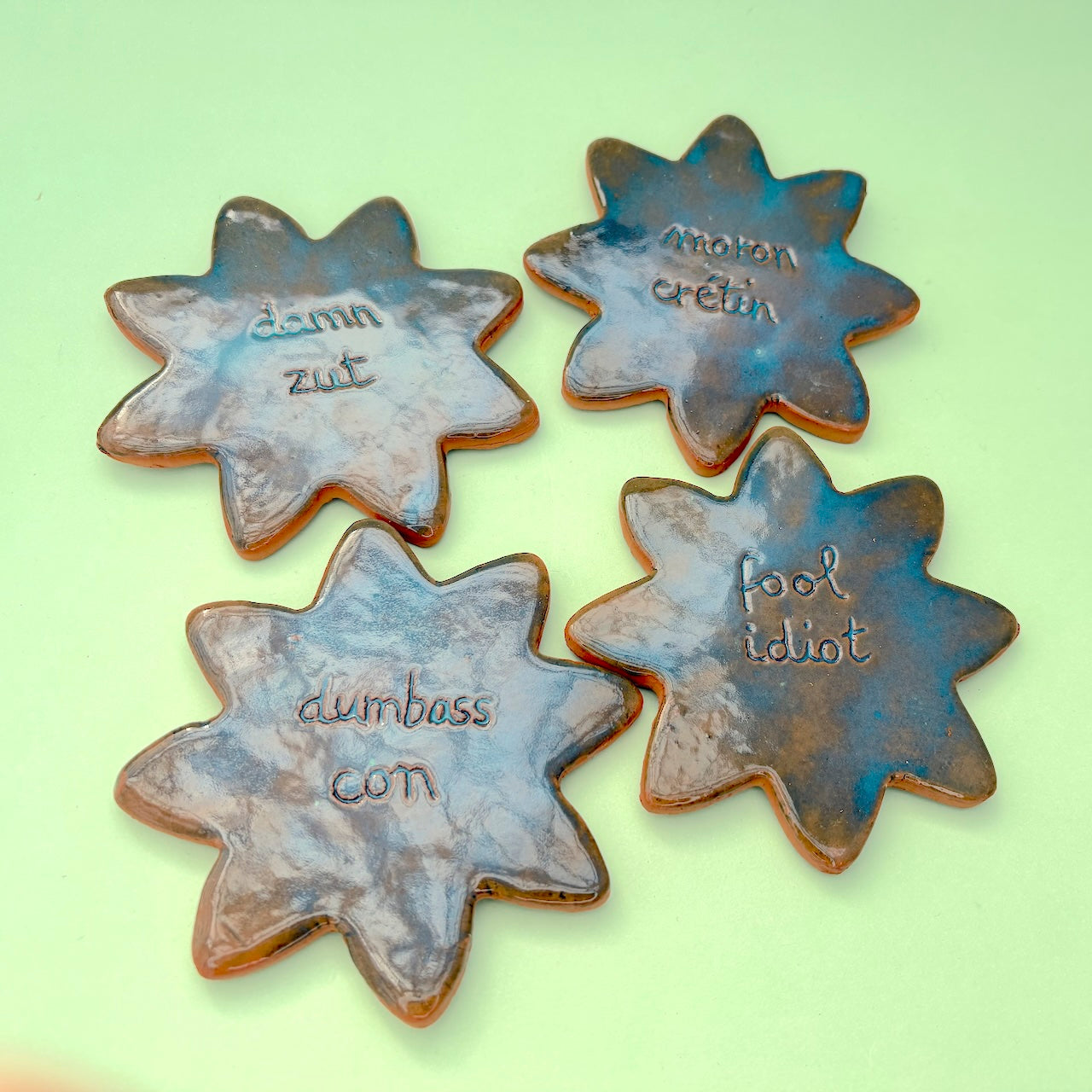 Ceramic coasters with words English/French