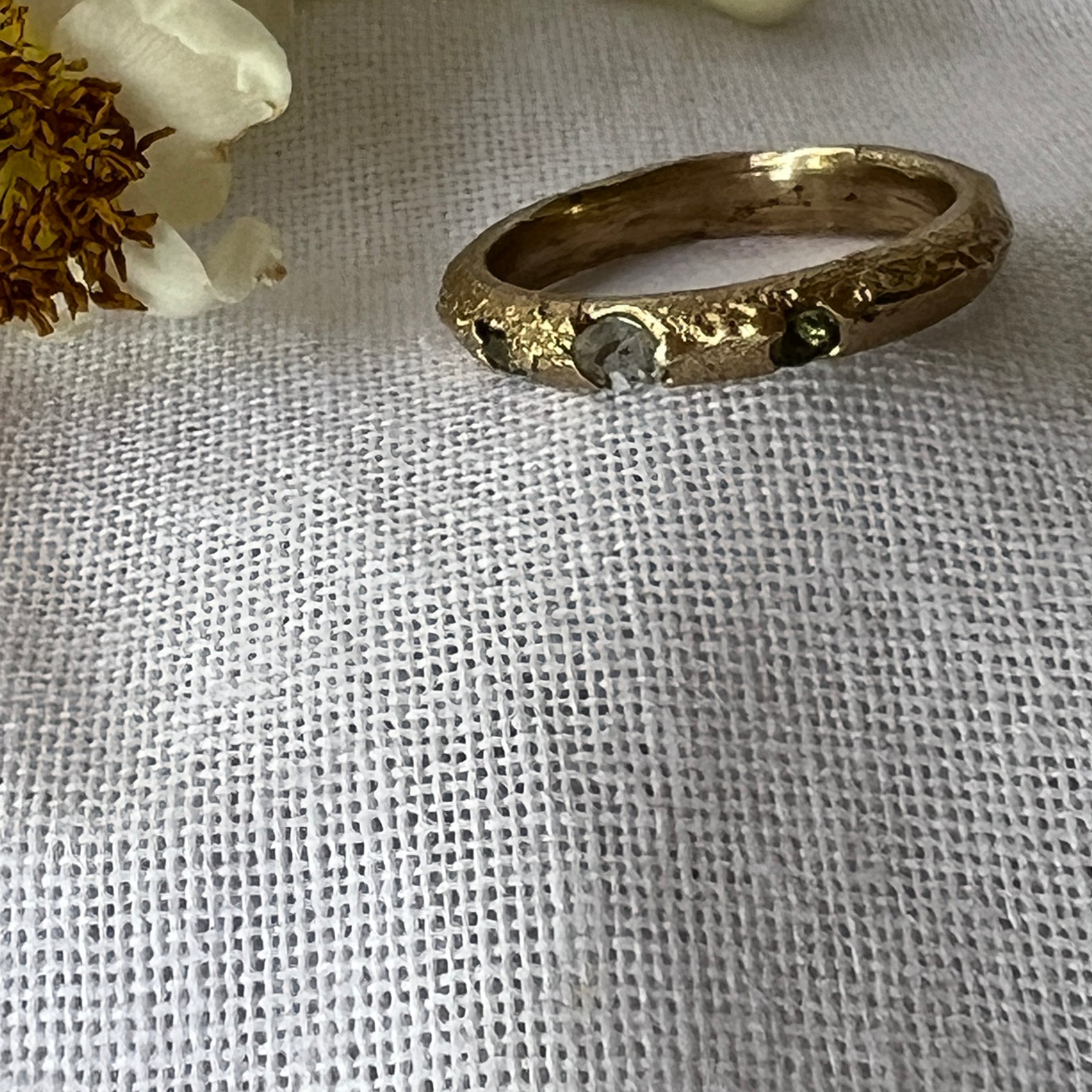 “Coastal Grass” - 9ct recycled gold ring (Size “R”) with Queensland Sapphires & Topaz