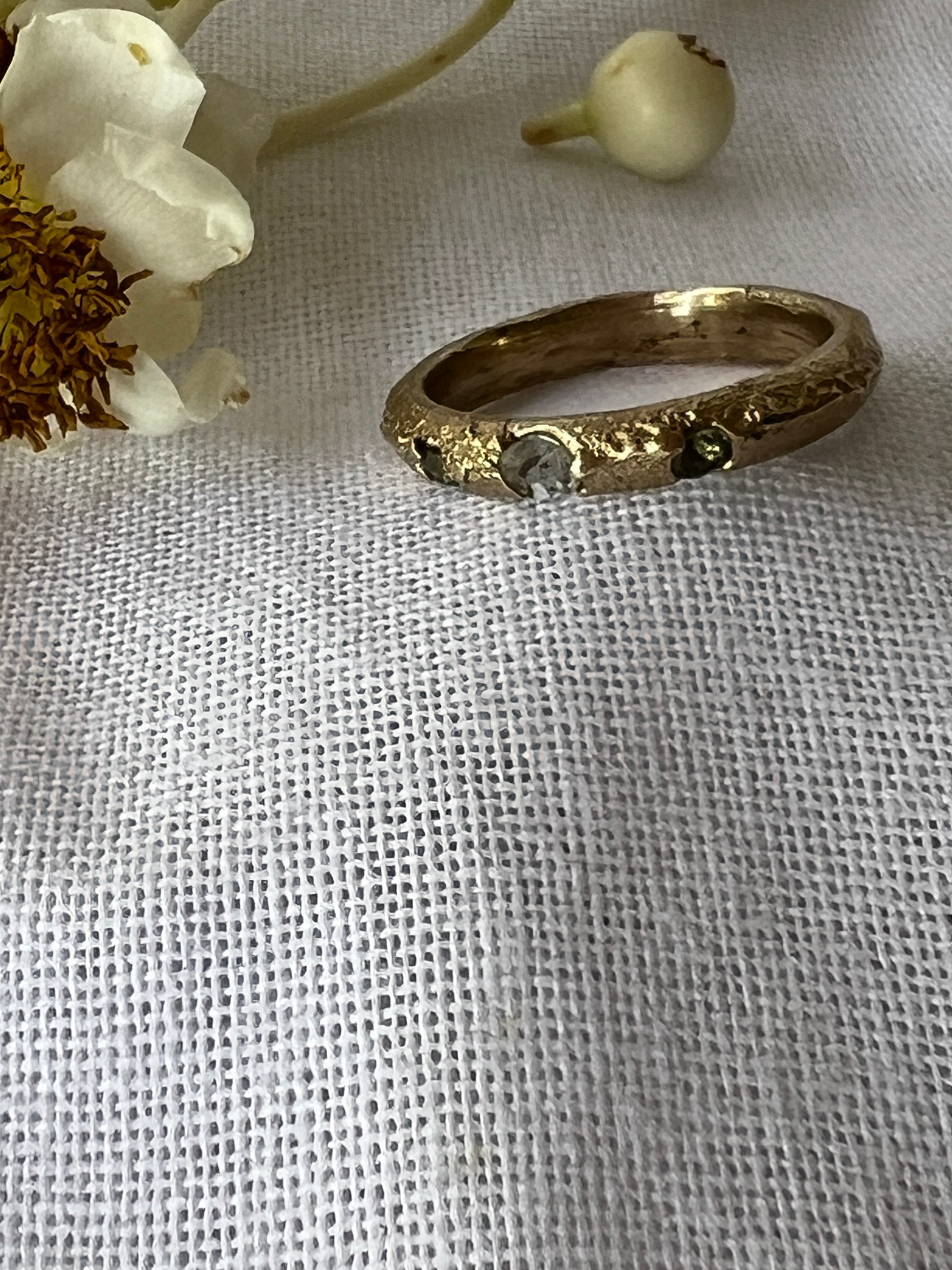 “Coastal Grass” - 9ct recycled gold ring (Size “R”) with Queensland Sapphires & Topaz