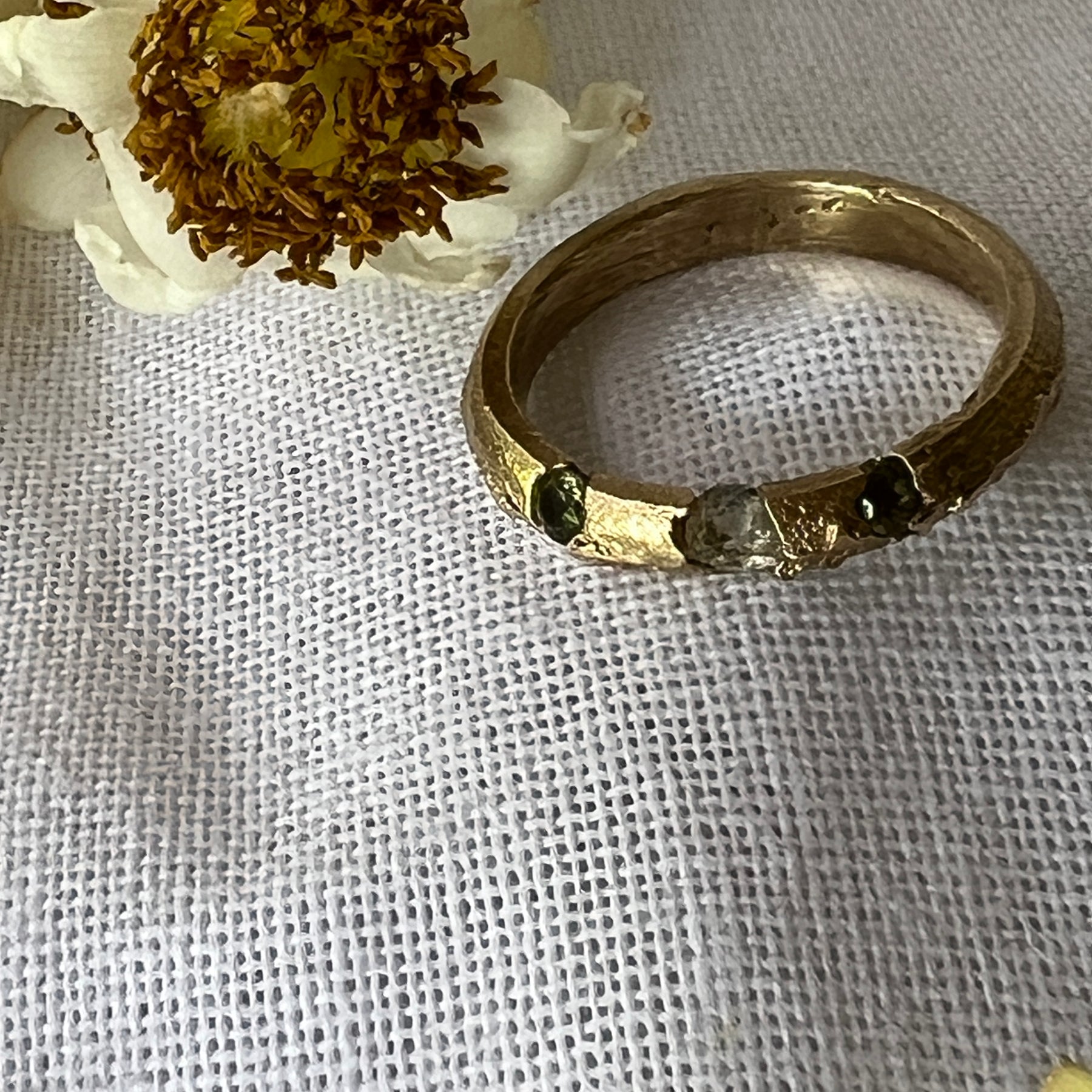 “Coastal Grass” - 9ct recycled gold ring (Size “R”) with Queensland Sapphires & Topaz