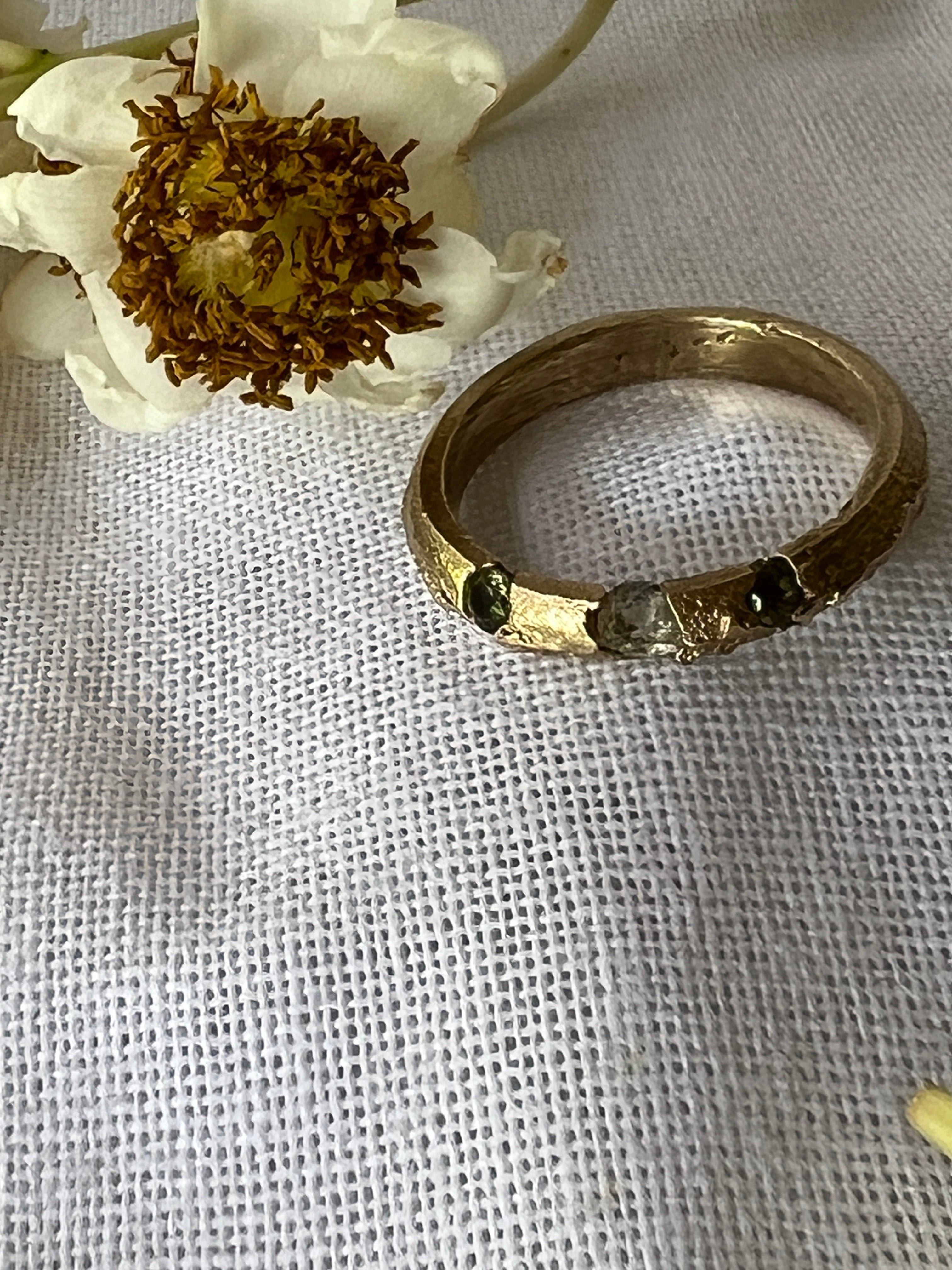 “Coastal Grass” - 9ct recycled gold ring (Size “R”) with Queensland Sapphires & Topaz