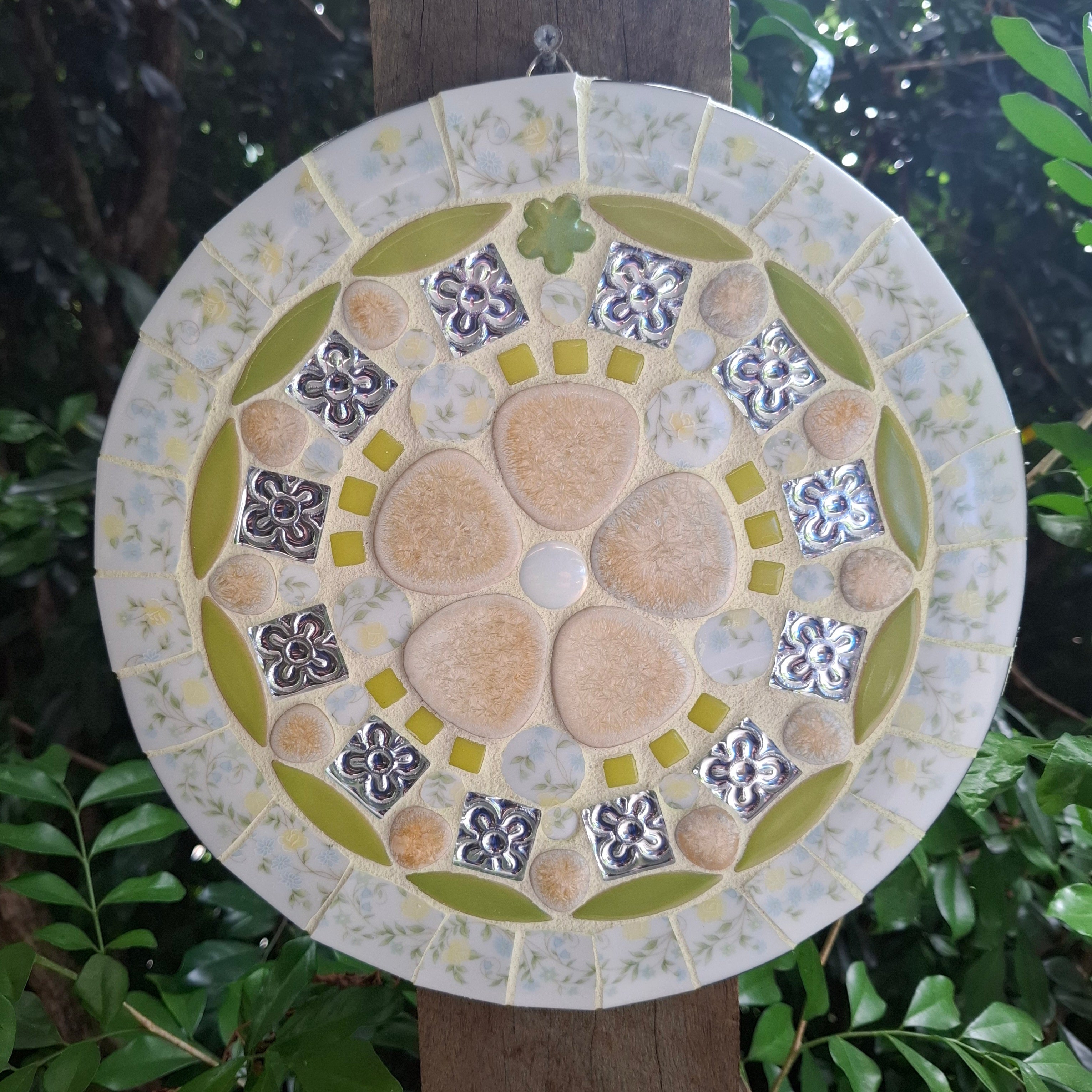 Soft Lemon & White Crockery & Ceramic Mosaic Wall Hanging | Handmade Wall Art
