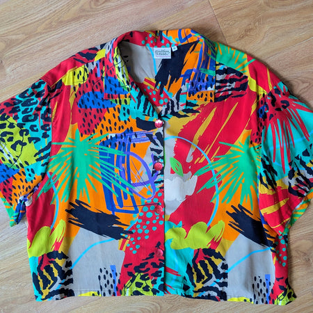Crop Classic Cut Camp Collar Button-up Shirt Rayon (Multicolour / Size XL)