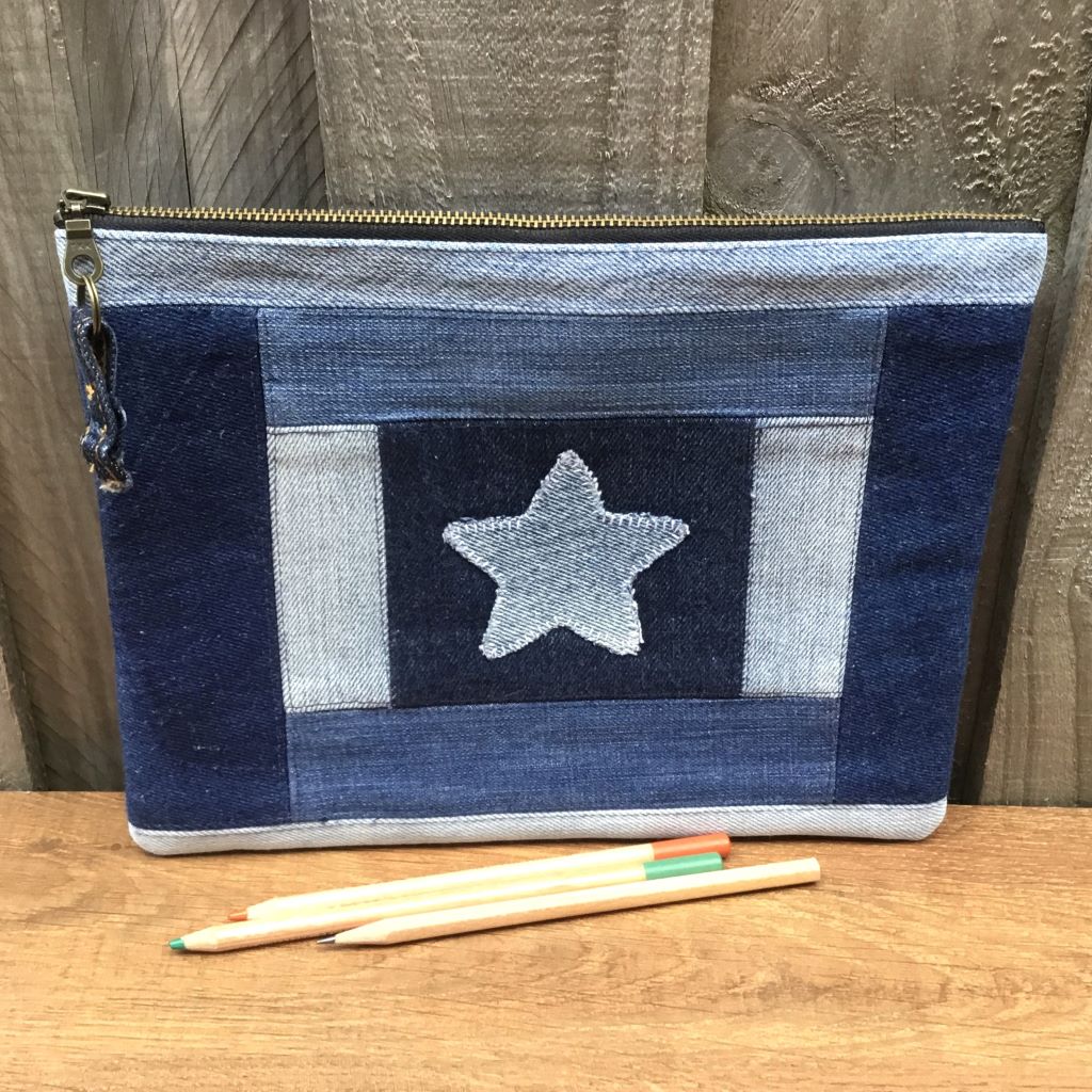 Upcycled Denim Pencil Case – Blue Denim Star