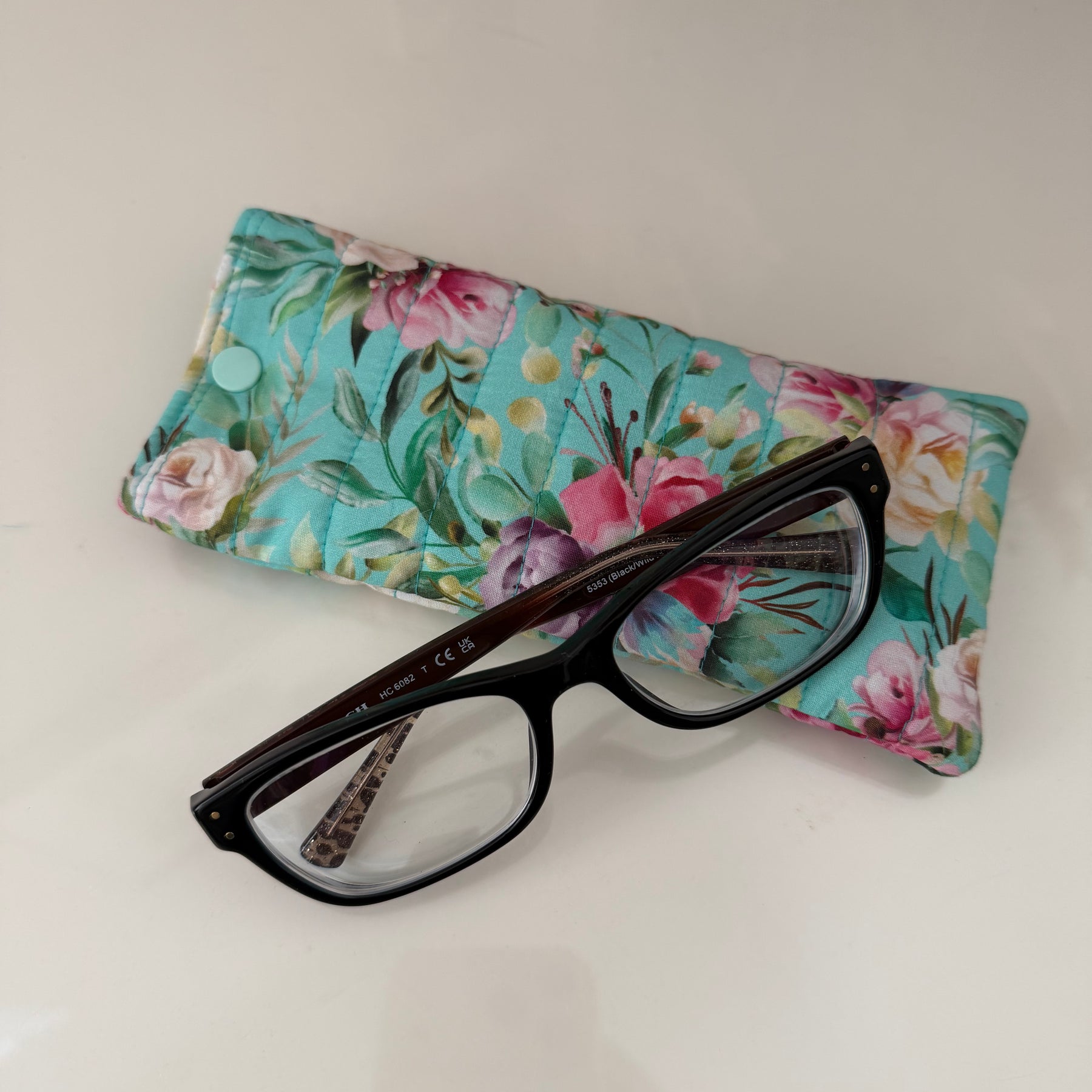 Quilted Glasses Case - Aqua Floral