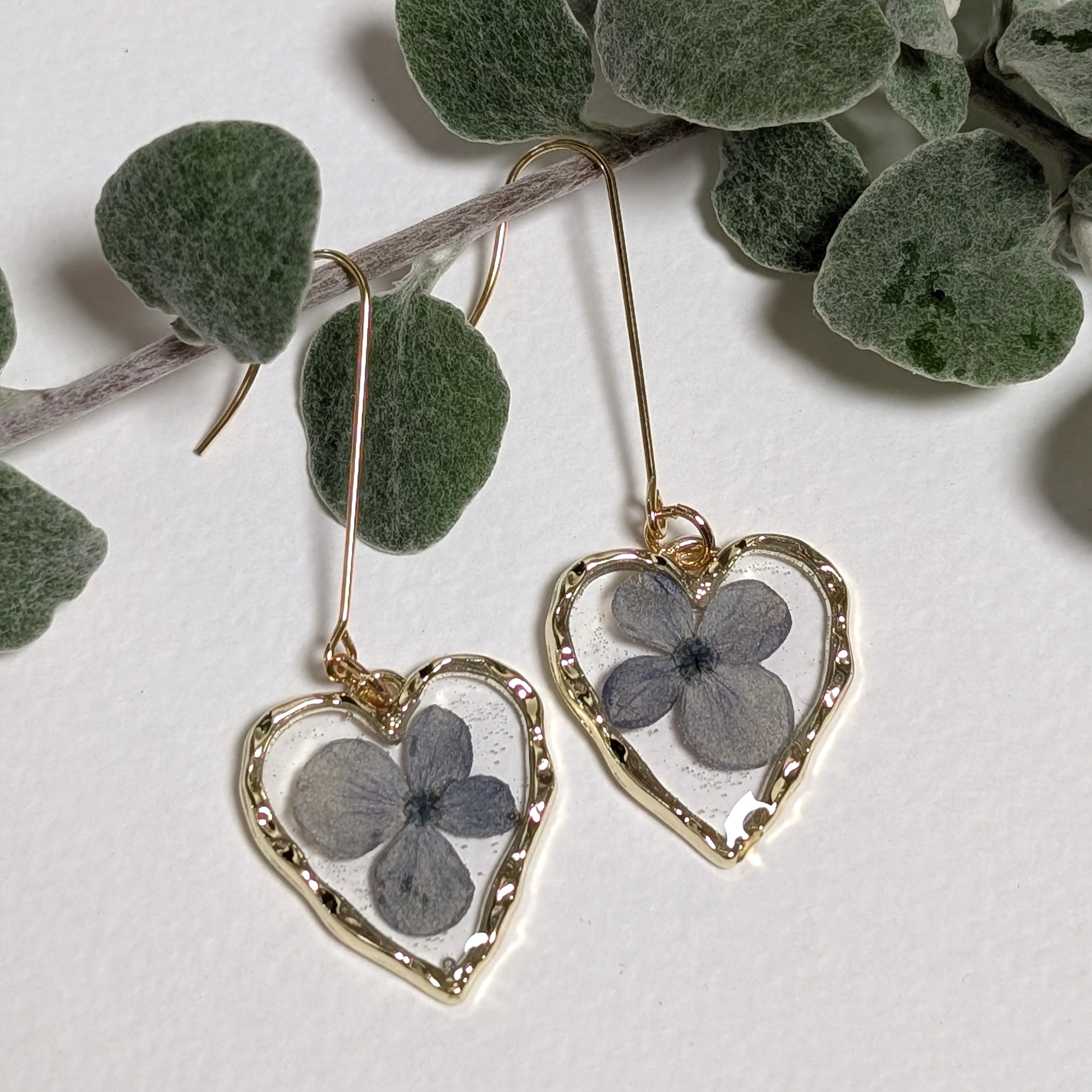 Heart shaped blue hydrangea earrings