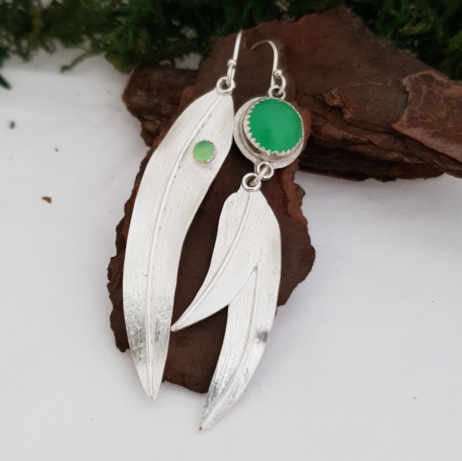 Mismatched eucalyptus leaf earrings