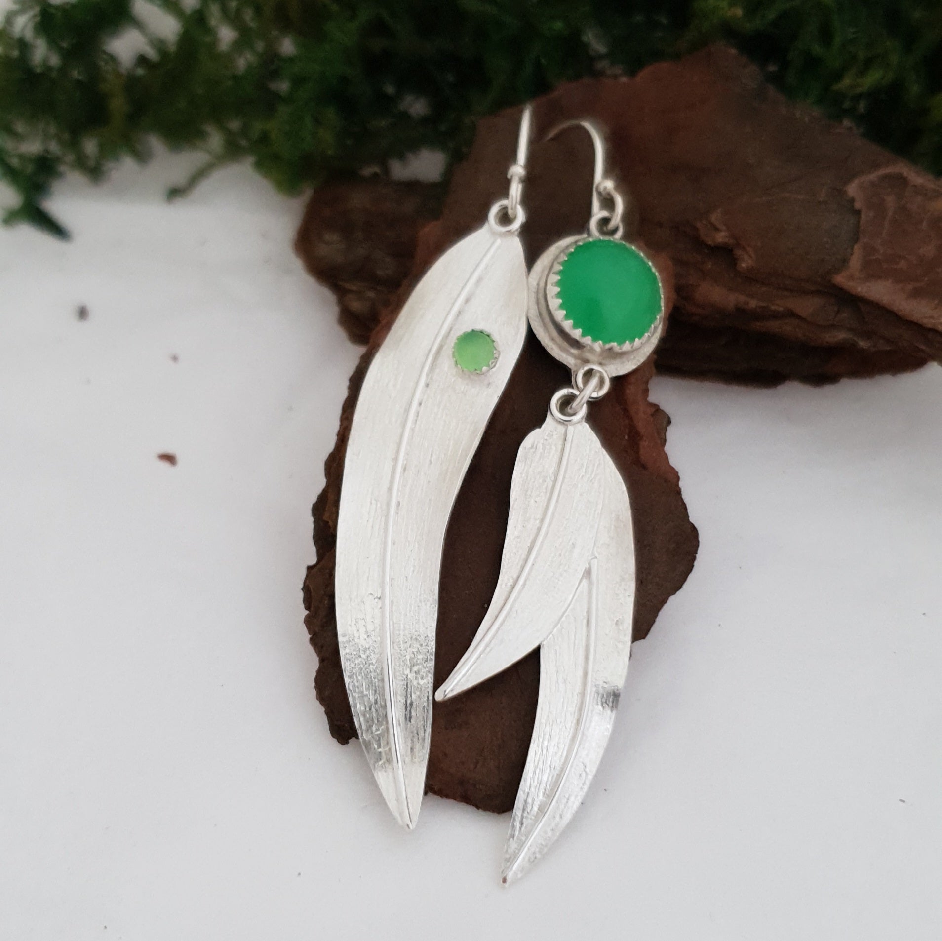 Mismatched eucalyptus leaf earrings