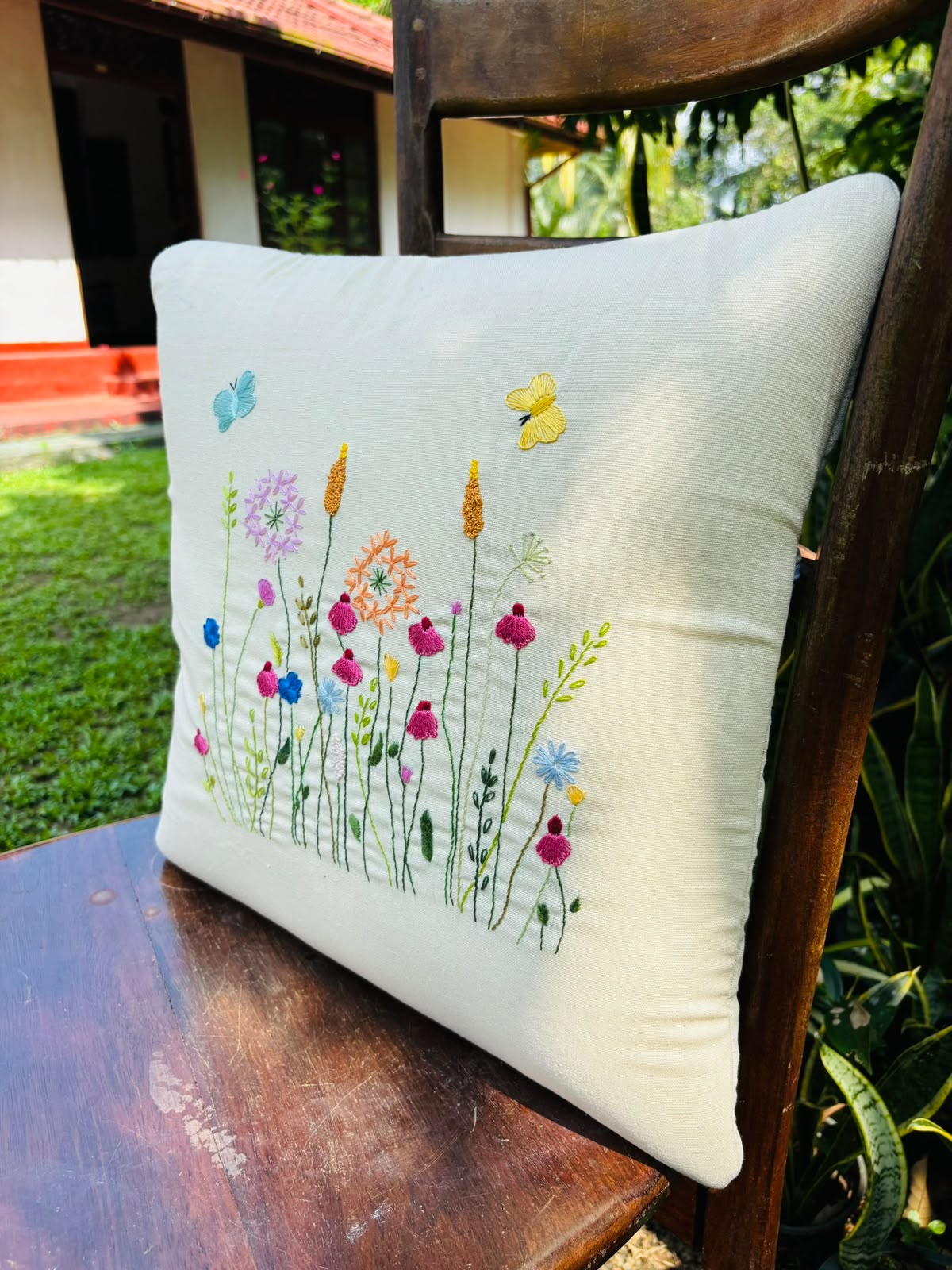 Hand Embroidered Floral Garden Cushion/ Pillow Cover