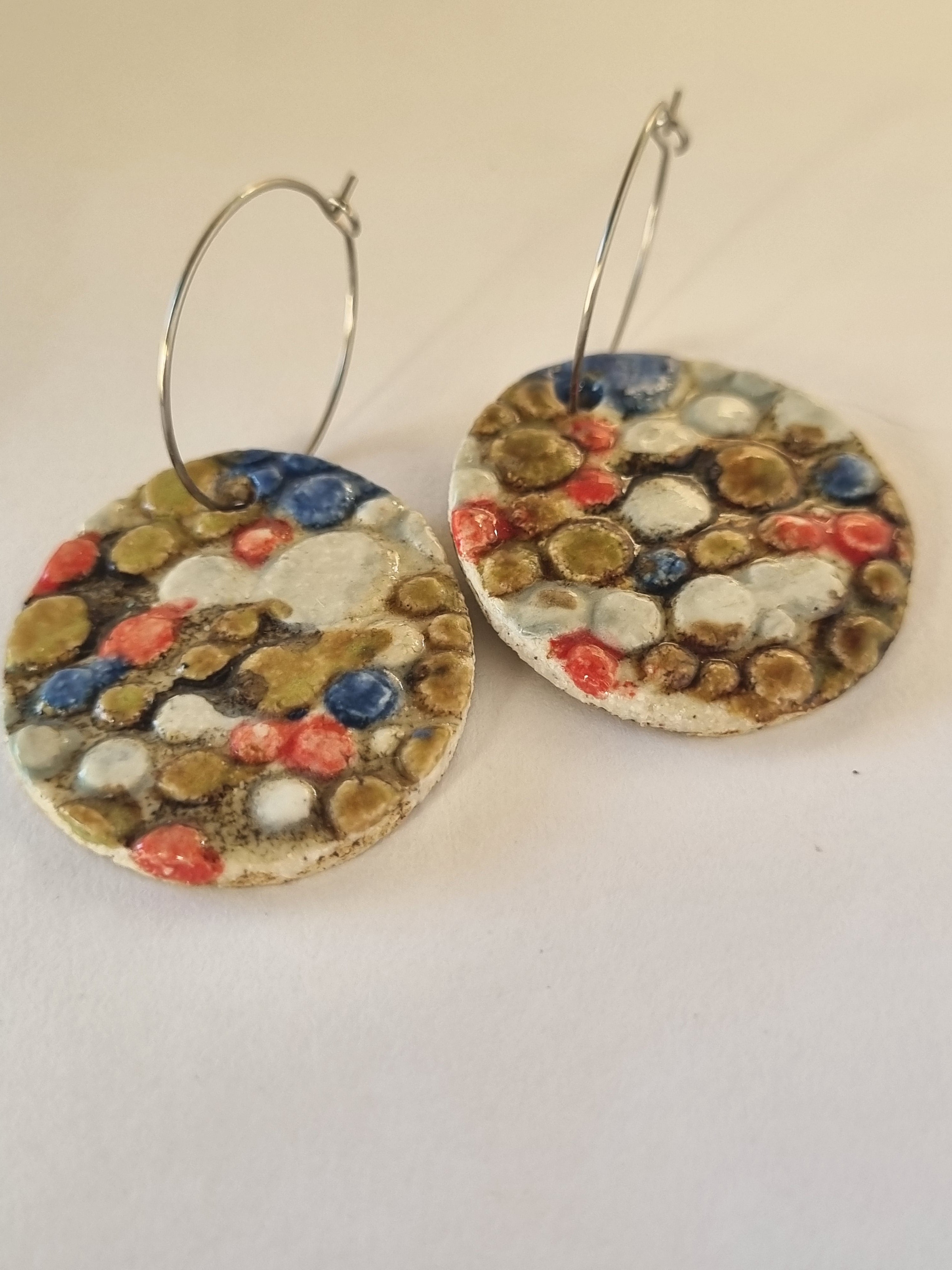 Handmade Stoneware Ceramic Earrings, pink-blue multi-coloured, 35mm diameter, pierced ears