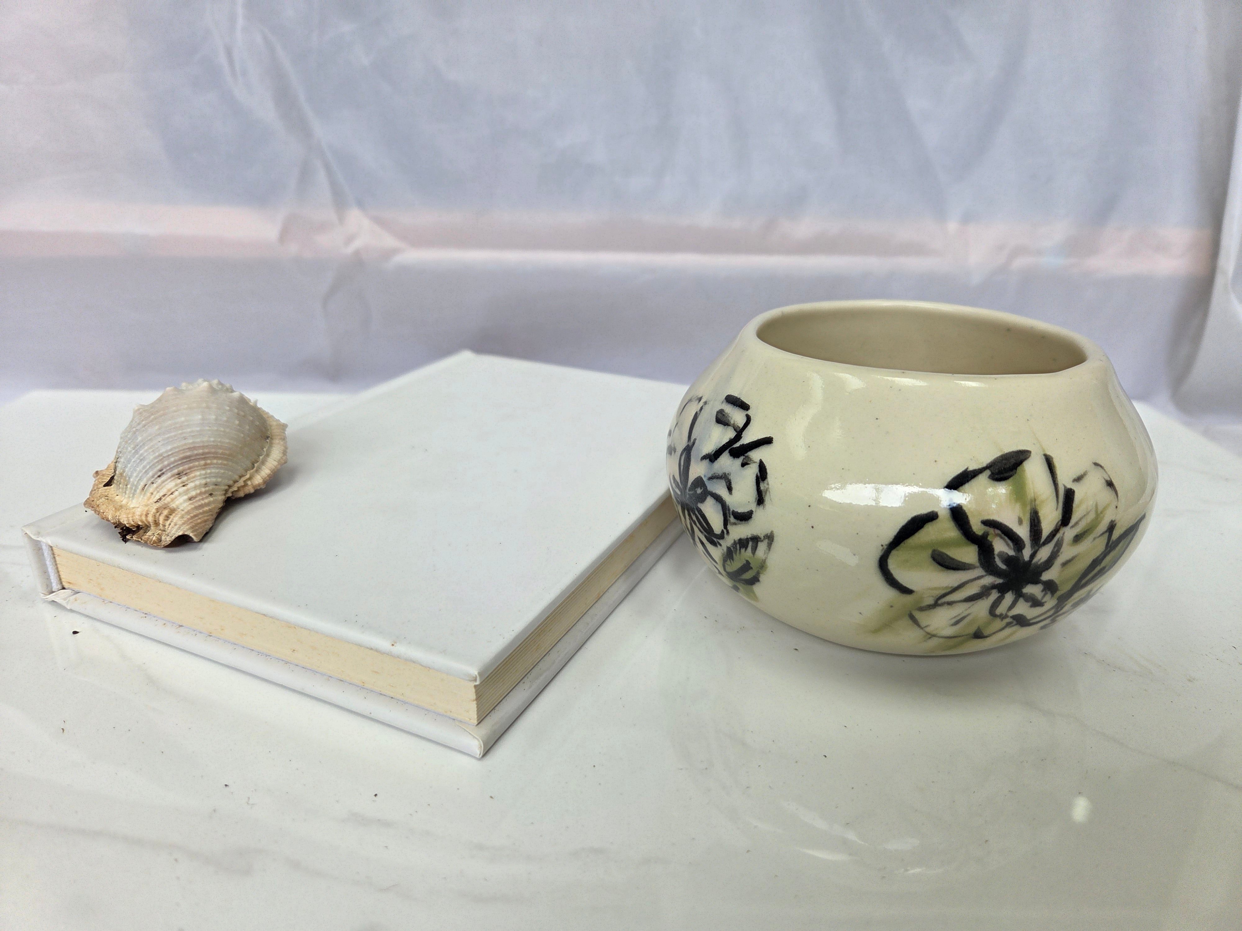 Wheel thrown ceramic Moon Bowl with hand painted flower detail