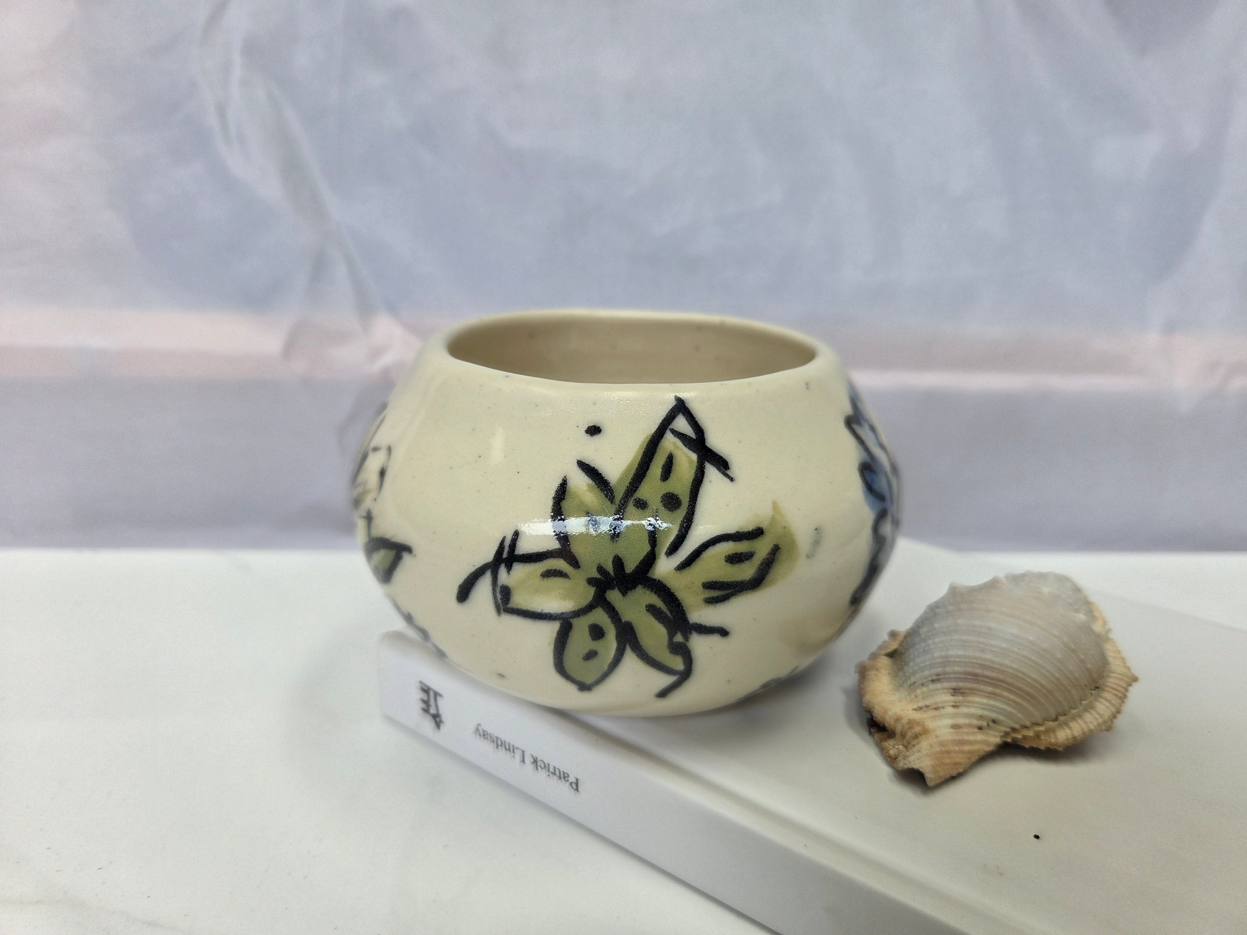 Wheel thrown ceramic Moon Bowl with hand painted flower detail