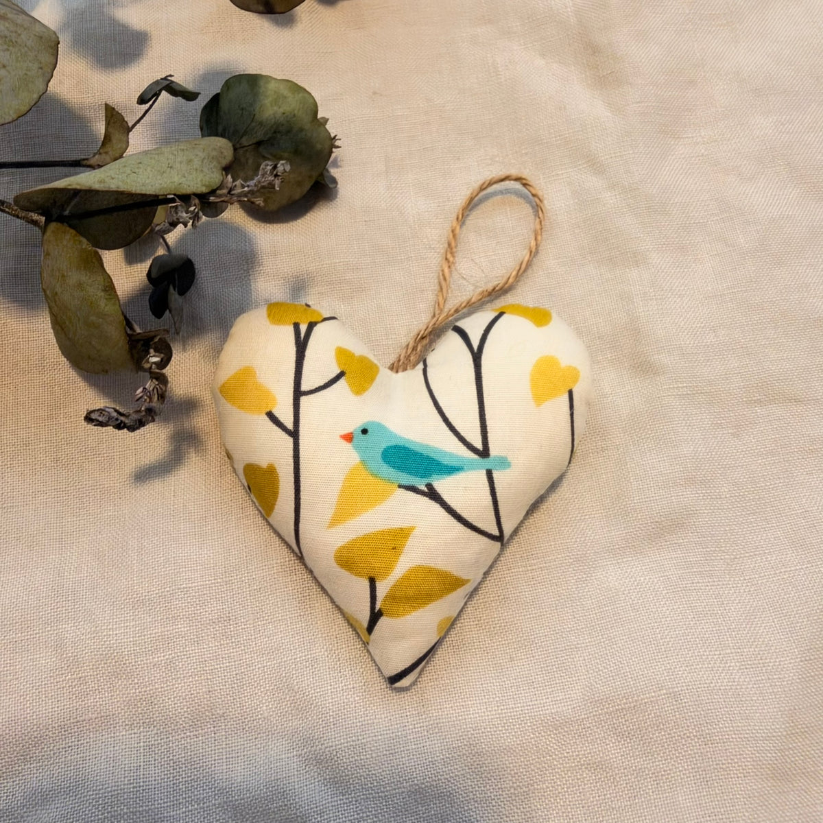 Little blue bird hearts - handmade with wool filling