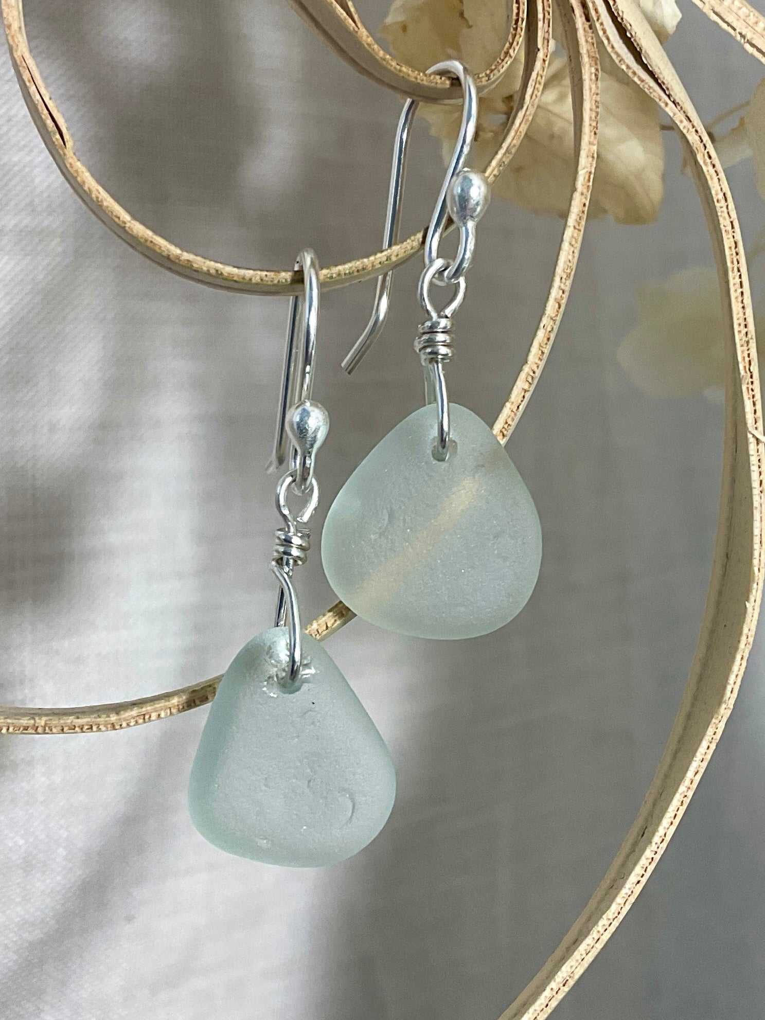 White Sea glass earrings with argentium silver. 2 variations
