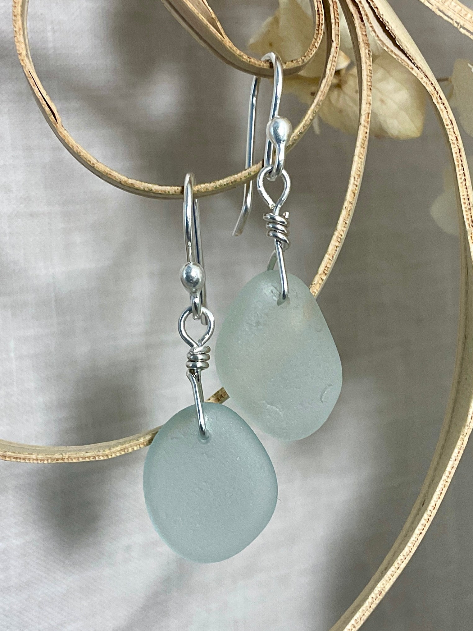 White Sea glass earrings with argentium silver. 2 variations