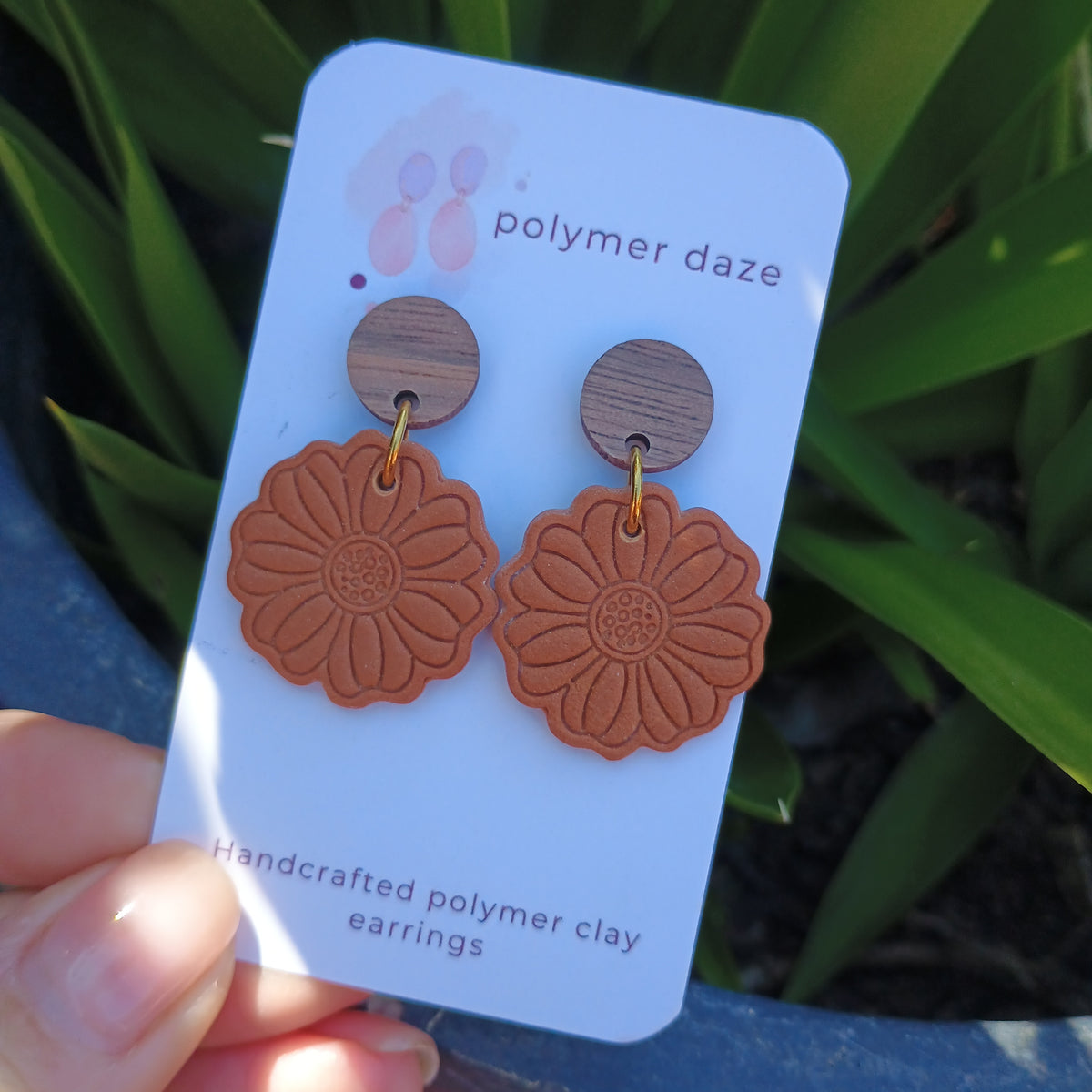 Embossed flower earrings with natural wood stud top brown