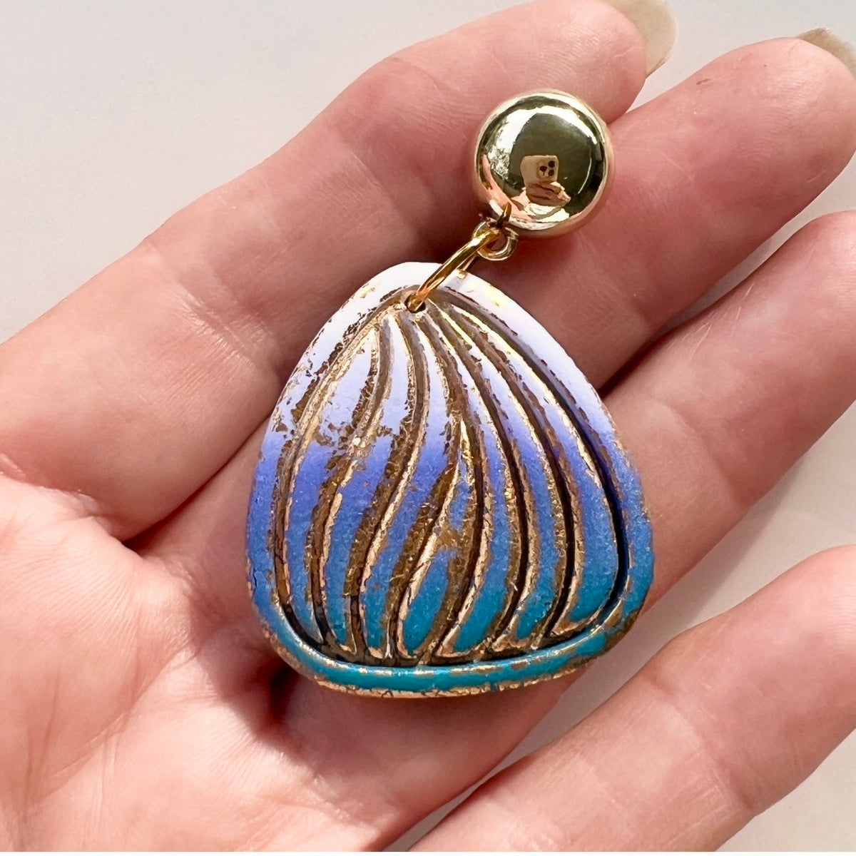 Earrings~Dangles~Blue~Gold Leaf~Polymer Clay ~Lightweight