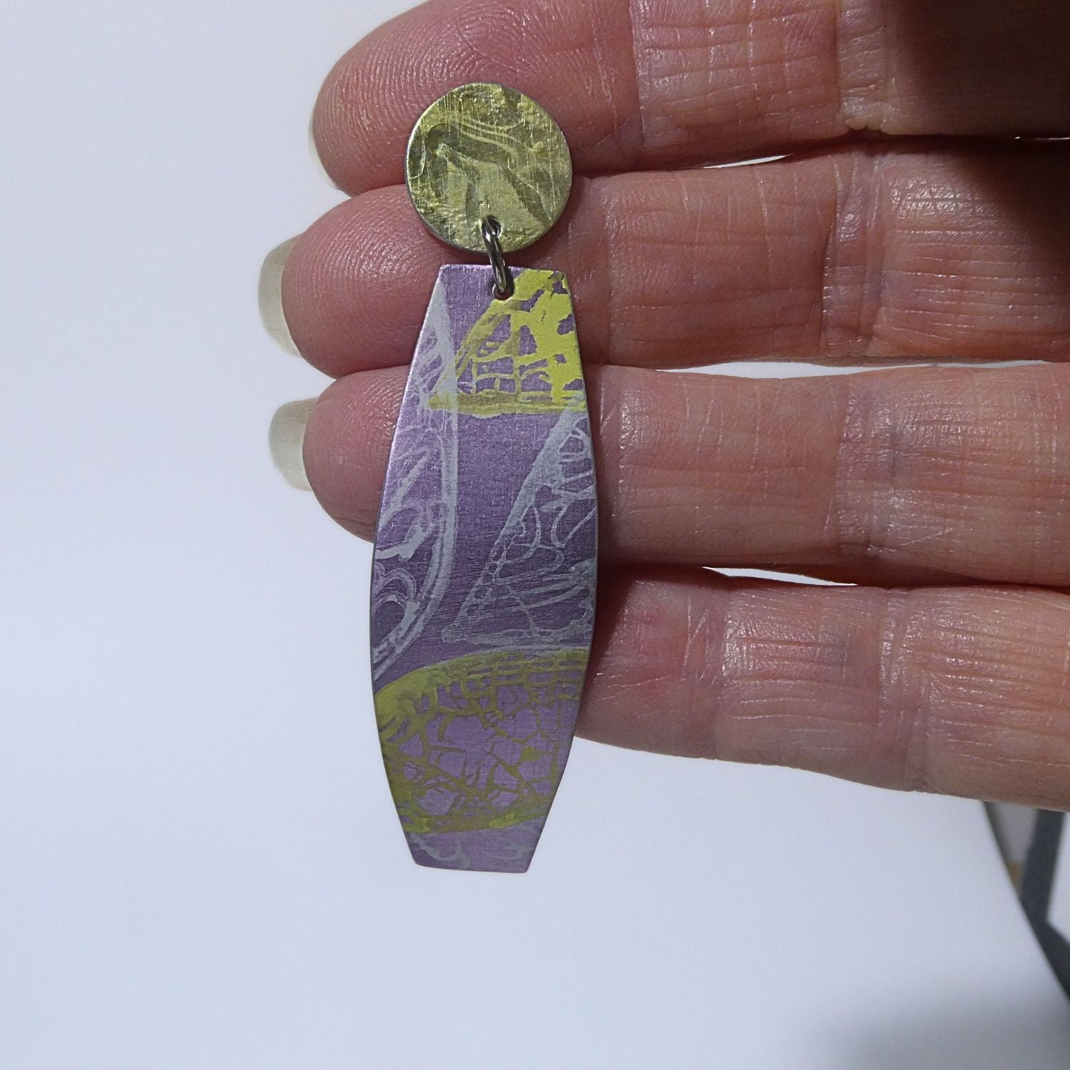 Anodised aluminium earrings hand printed Lemon Lace Collection