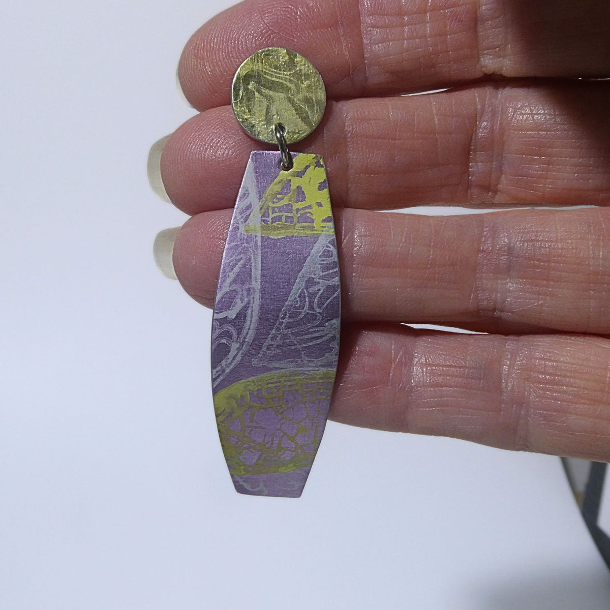 Anodised aluminium earrings hand printed Lemon Lace Collection