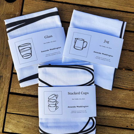 Pack of 3 Artist Designed Tea Towels - 100% Organic Cotton. Kitchen Studies 1, 2 and 3