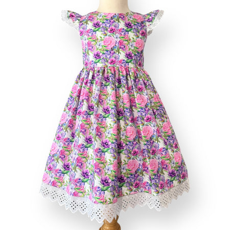 Violet floral flutter sleeve and lace tea party dress