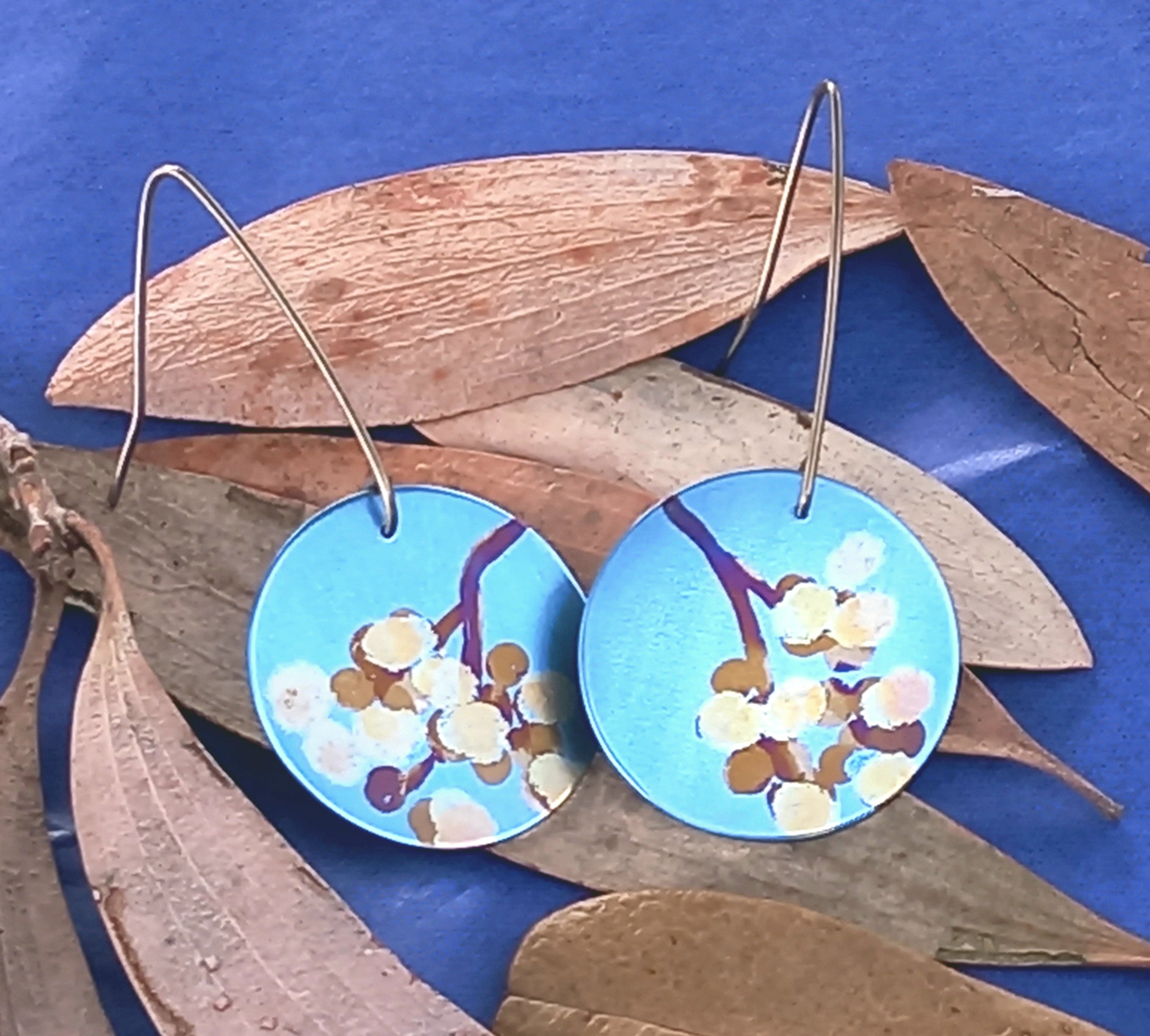 Titanium Disc Earrings with Wattle Design- Sky Blue, Yellow, Gold, Bronze