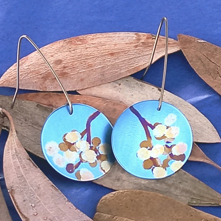 Titanium Disc Earrings with Wattle Design- Sky Blue, Yellow, Gold, Bronze